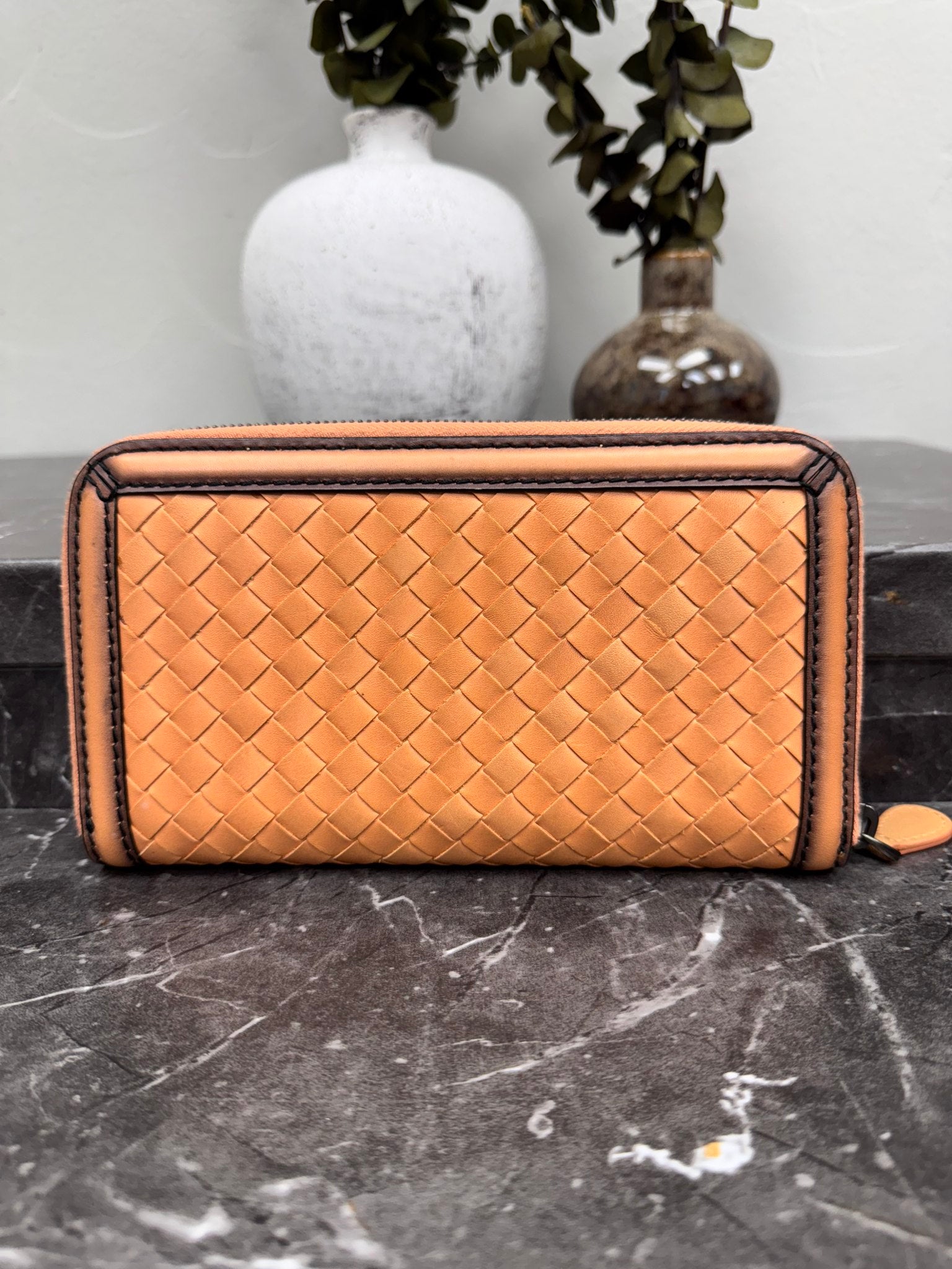 Bottega Veneta Tan And Leather Trim Intrecciato Leather Zippy Wallet