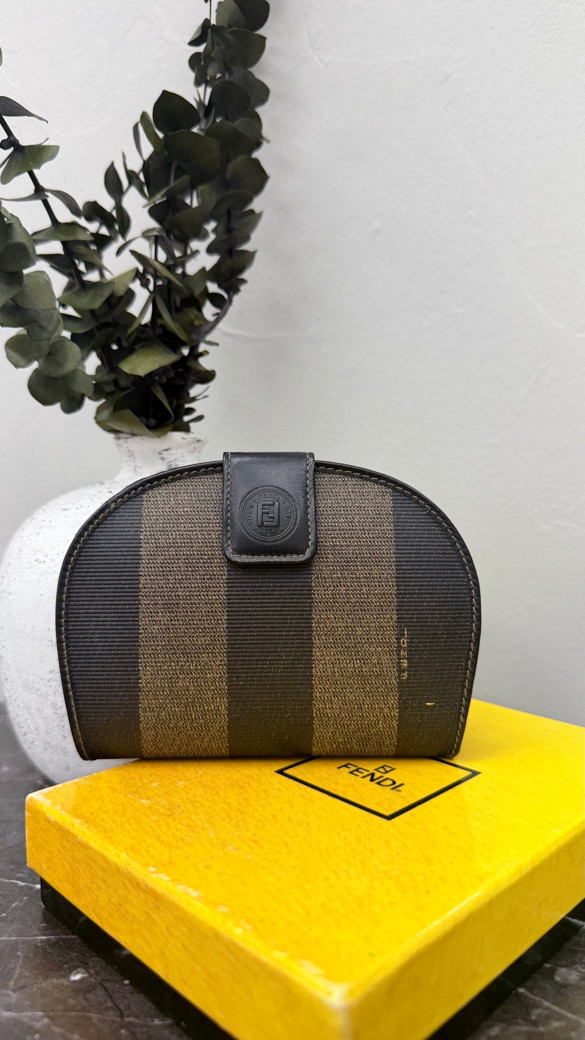 Fendi Brown Canvas Pequin striped Half Moon Wallet