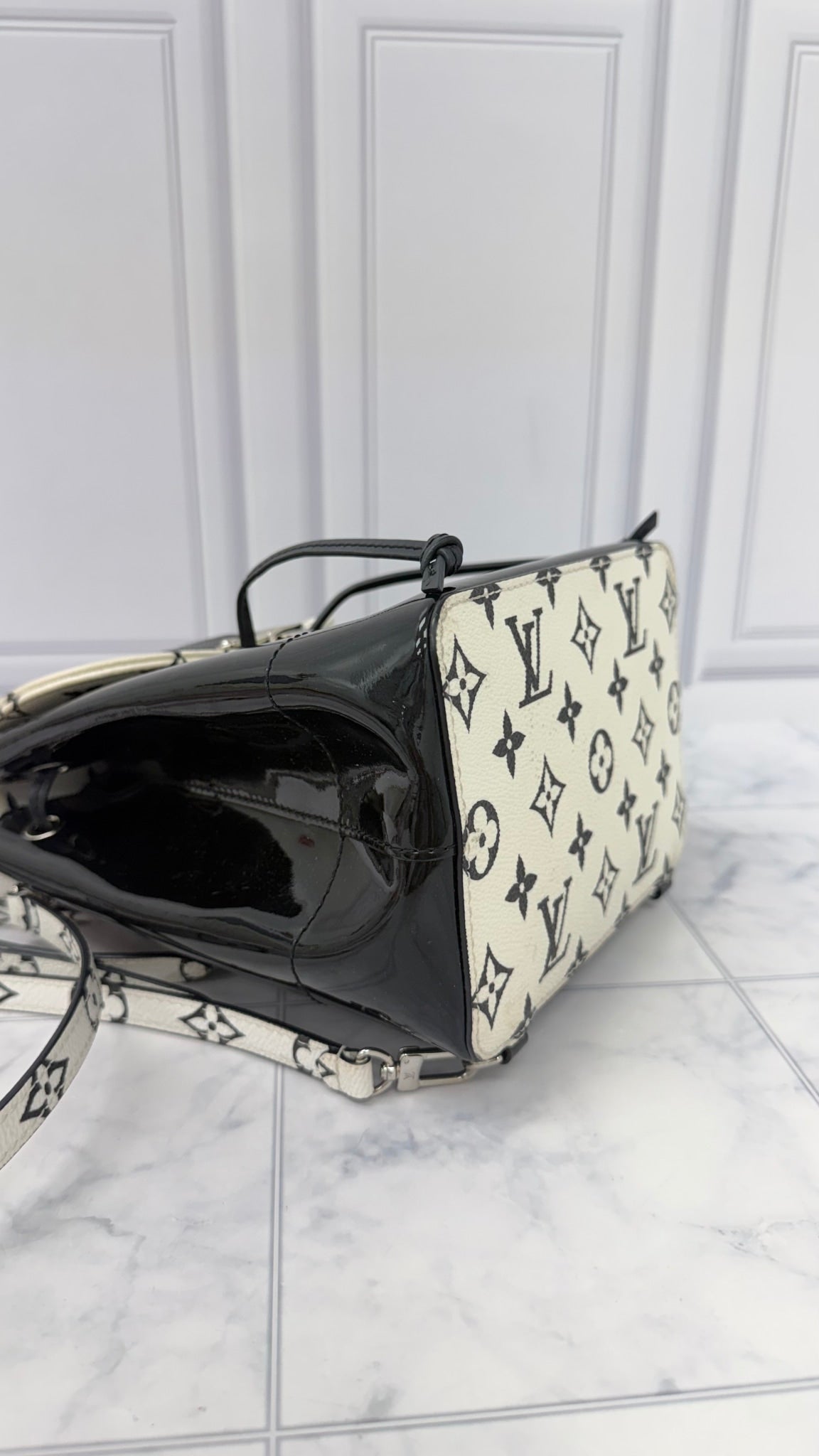 Louis Vuitton Black And White Patent Leather Monogram Hot Springs Mini Backpack