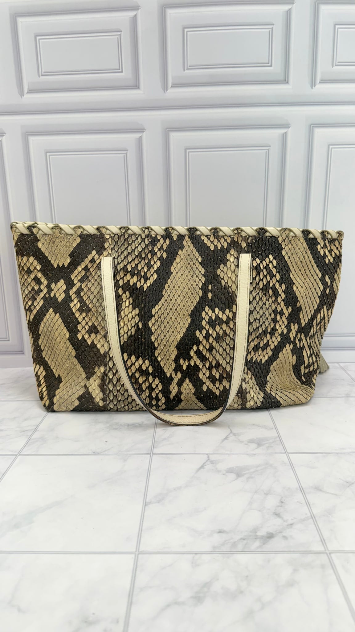 Gucci Snakeskin  & Beige Woven Leather Shoulder Tote