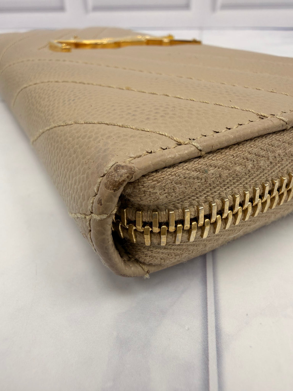 Saint Laurent YSL Tan Grained Calfskin Cassandre Matelasse Zip Around Wallet 