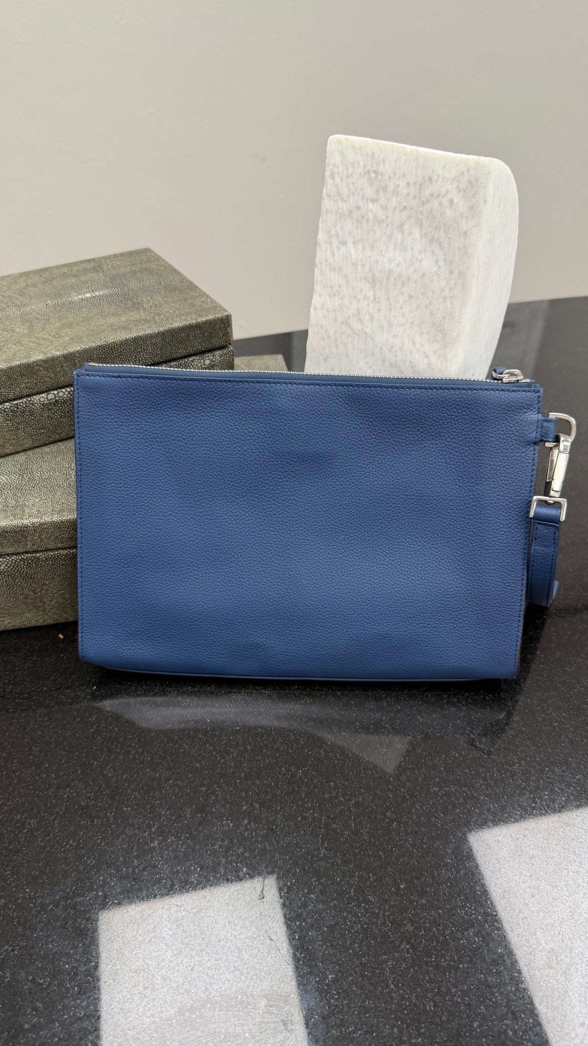 Christian Dior Blue Leather Zip Bee Wristlet