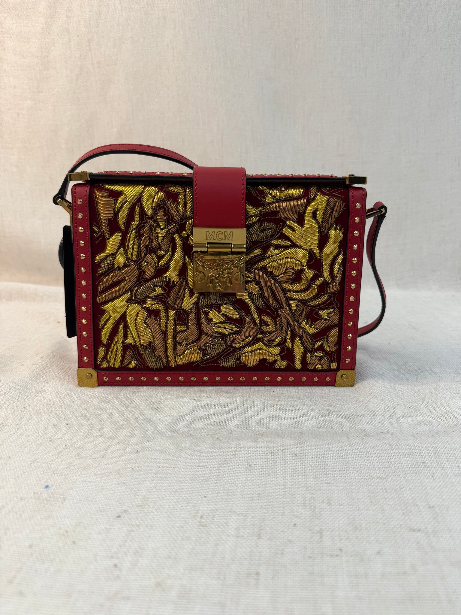 MCM Red Leather Mitte Mini Brocade Crossbody Bag
