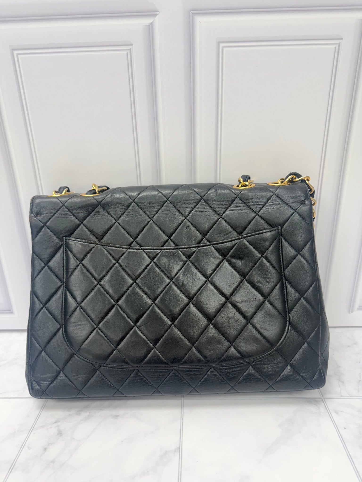 Chanel Vintage Black Leather Jumbo Classic Flap Bag 