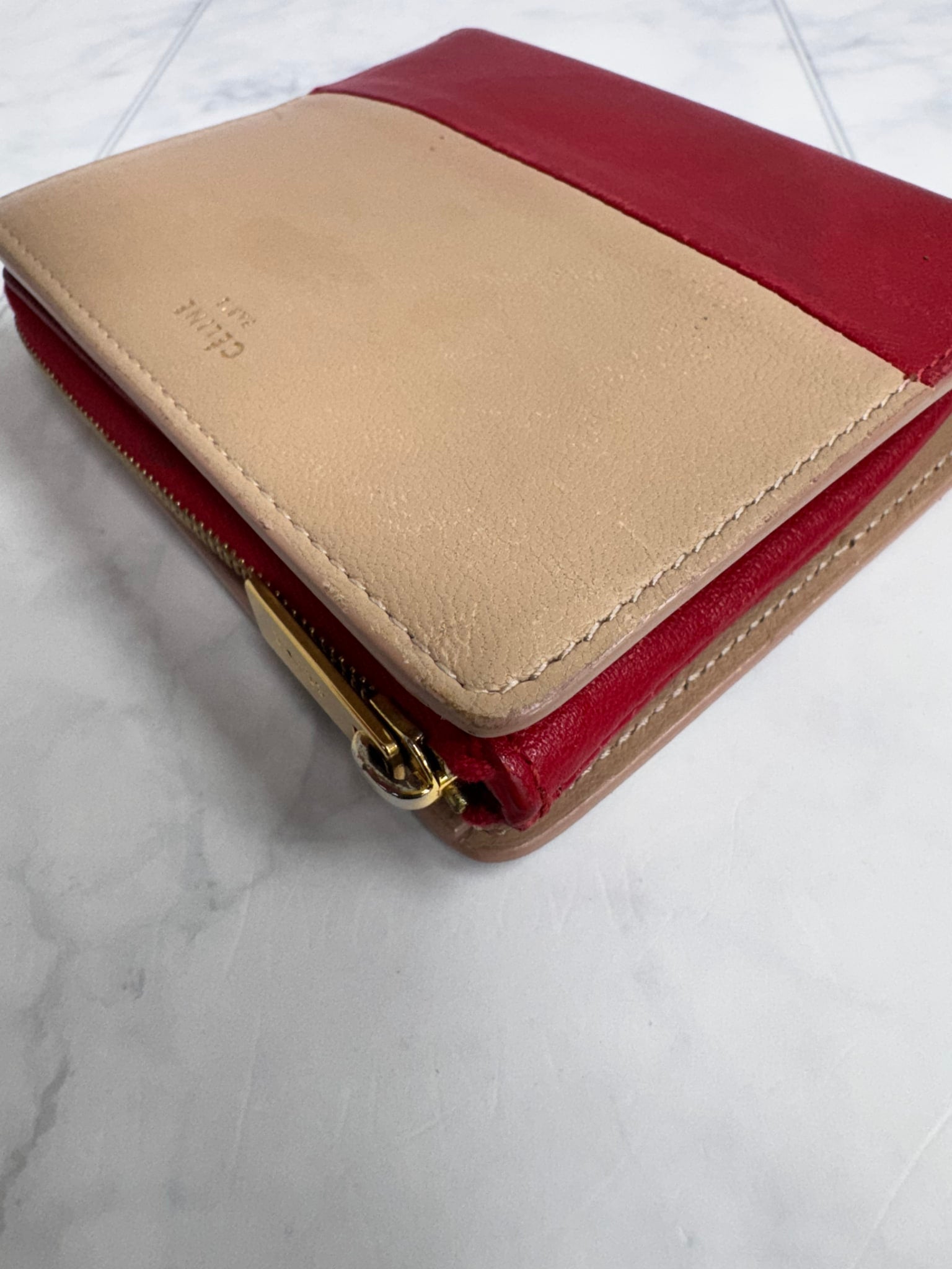Celine Red And Nude Leather Compact Wallet