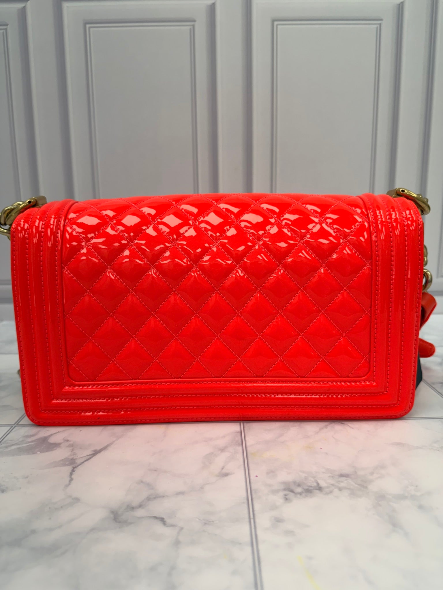 Chanel Neon Orange Quilted Patent Leather Medium Boy Bag