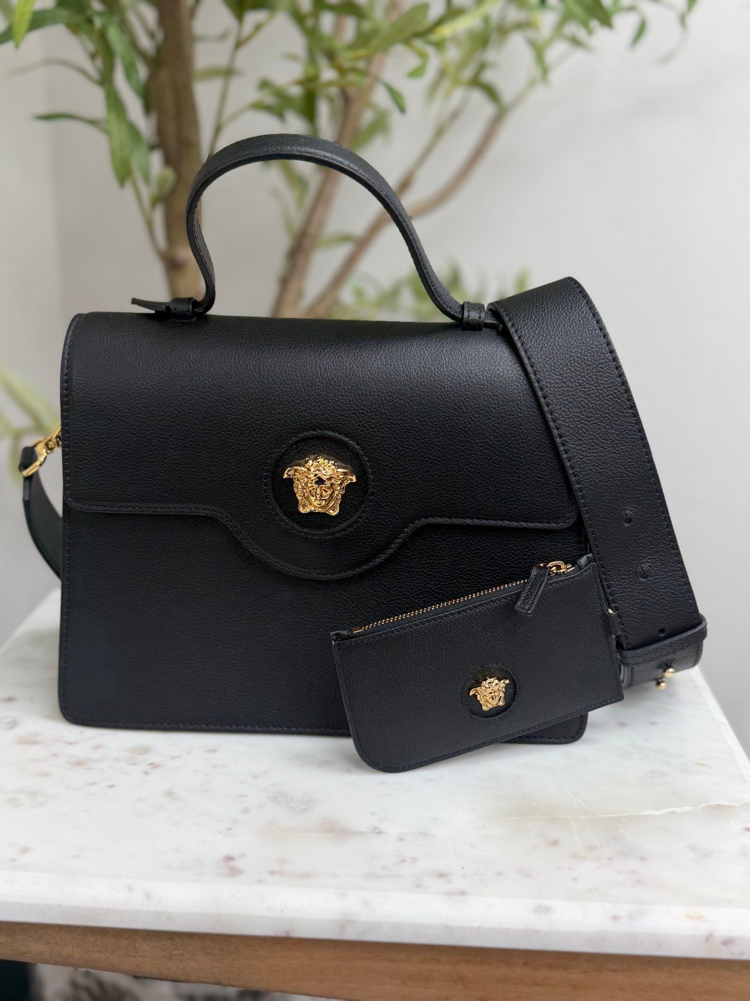 Versace Black Leather La Medusa Two Way Bag