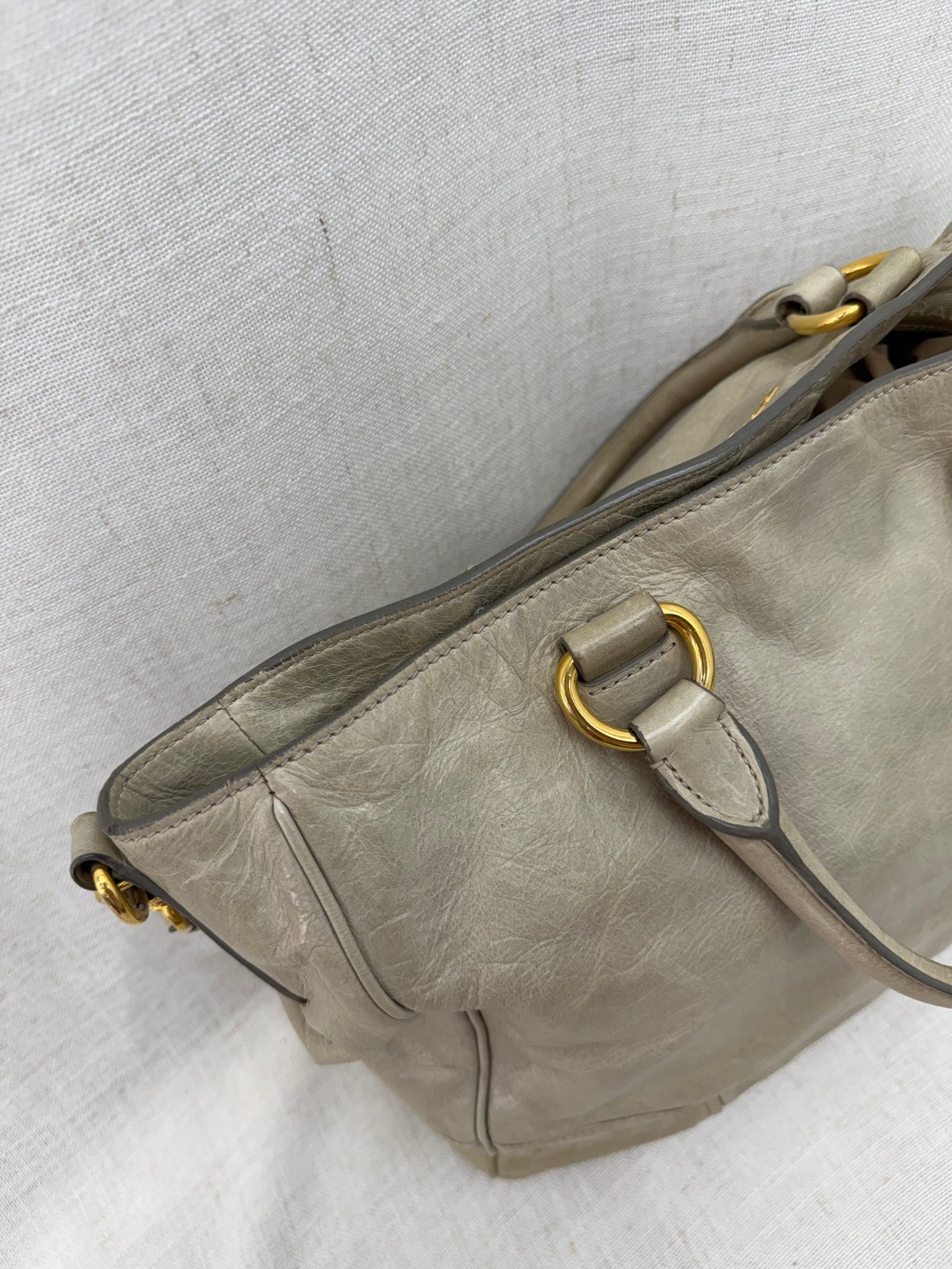Prada Beige Crinkle Shine Leather 2way Tote Bag