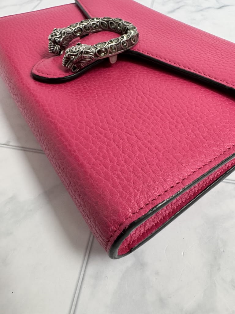 Gucci Hot Pink Grained Leather Dionysus Wallet On A Chain