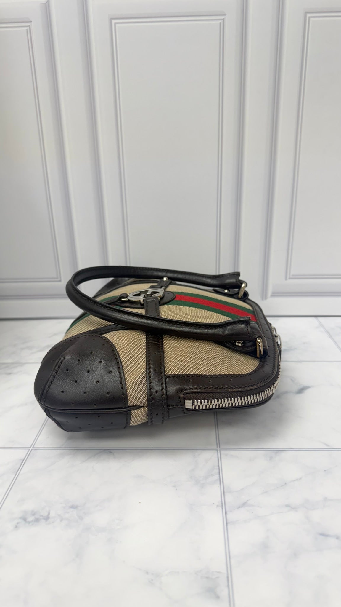 Gucci Brown Leather Beige Web Canvas shoulder bag