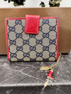 Gucci Blue GG Canvas And Red Trim Compact Wallet