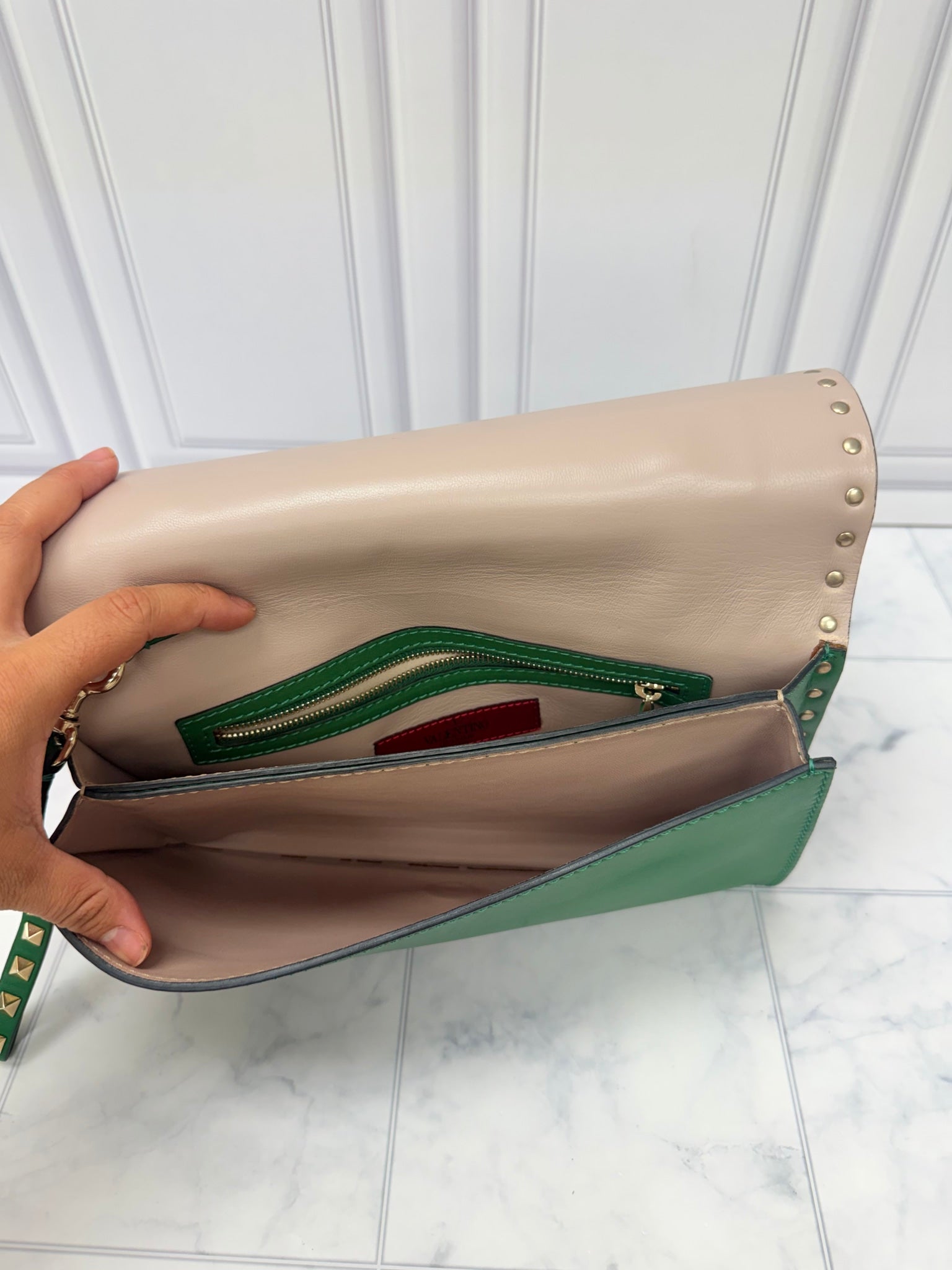 Valentino Green Leather Rockstud Clutch