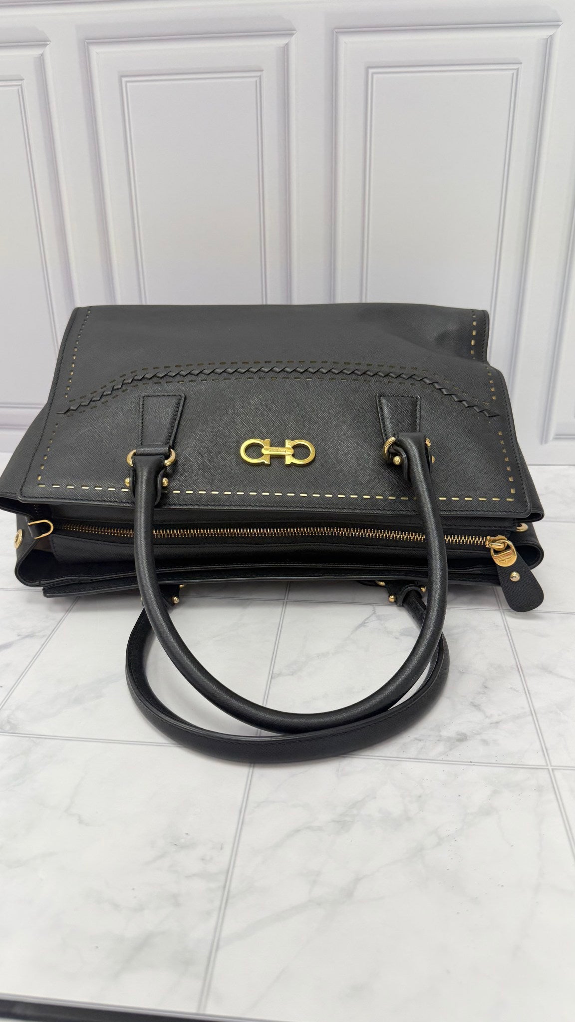 Salvatore Ferragamo Black Leather Braided Batik Tote Bag