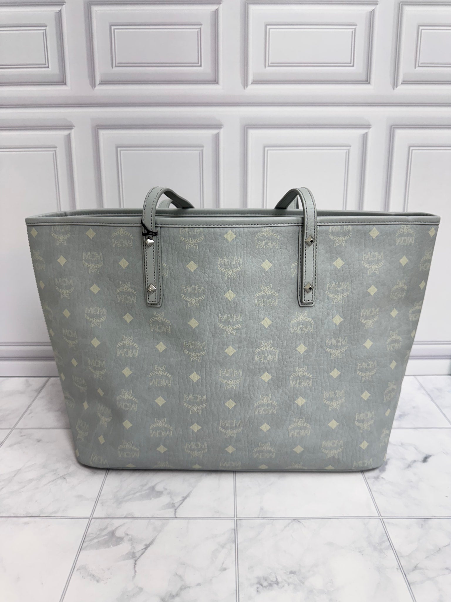MCM Light Gray Visetos Monogram Shopper Tote Bag