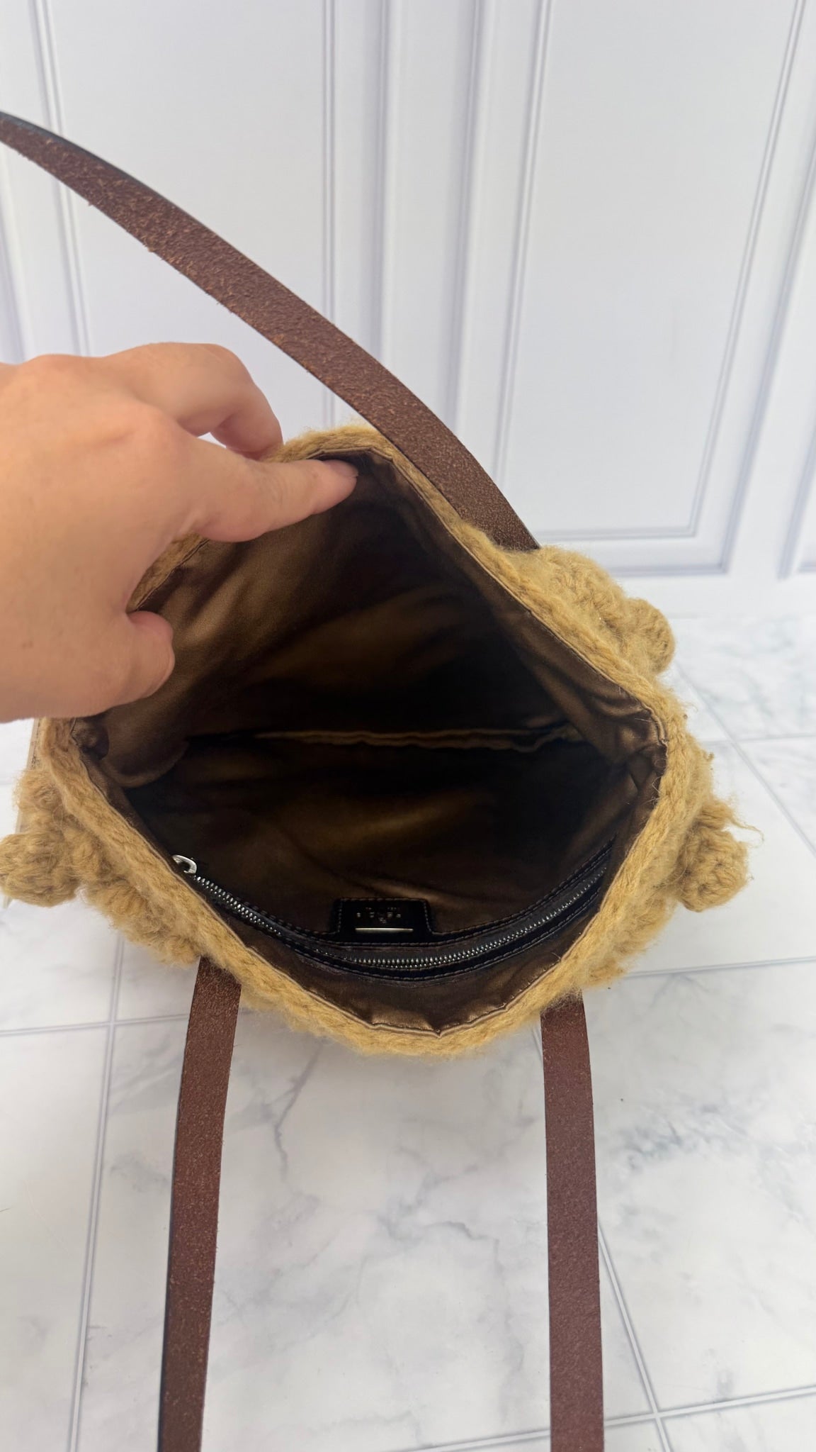 Fendi Camel Wool Crochet Knit Tote Bag 