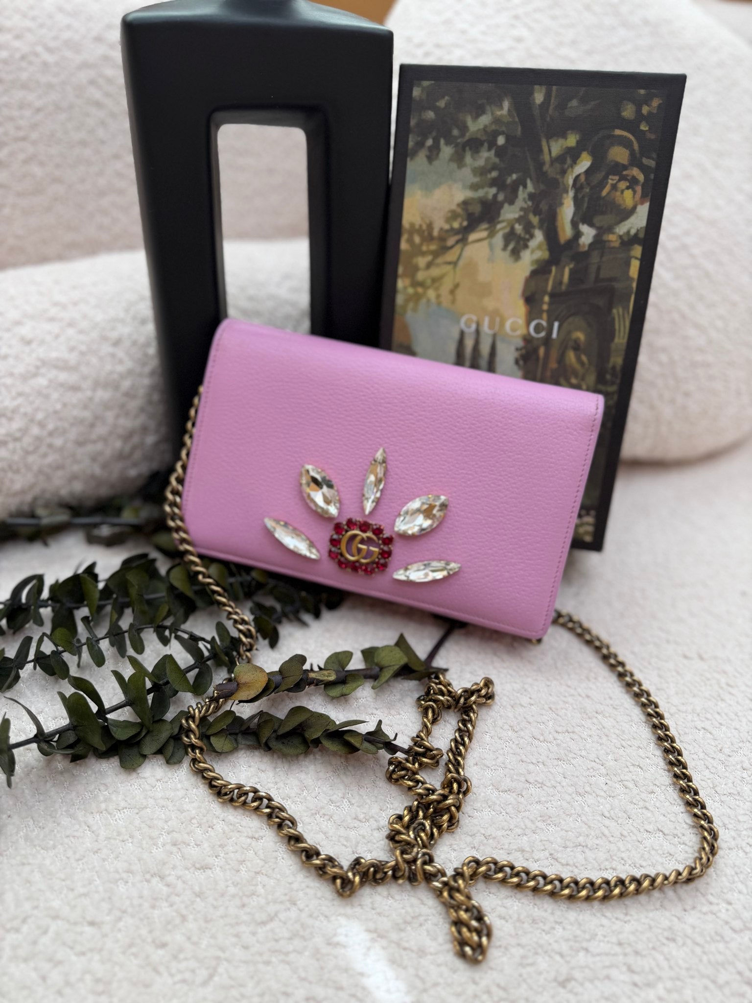 Gucci Pink Leather Marmont Marquise Crystal Wallet on a Chain