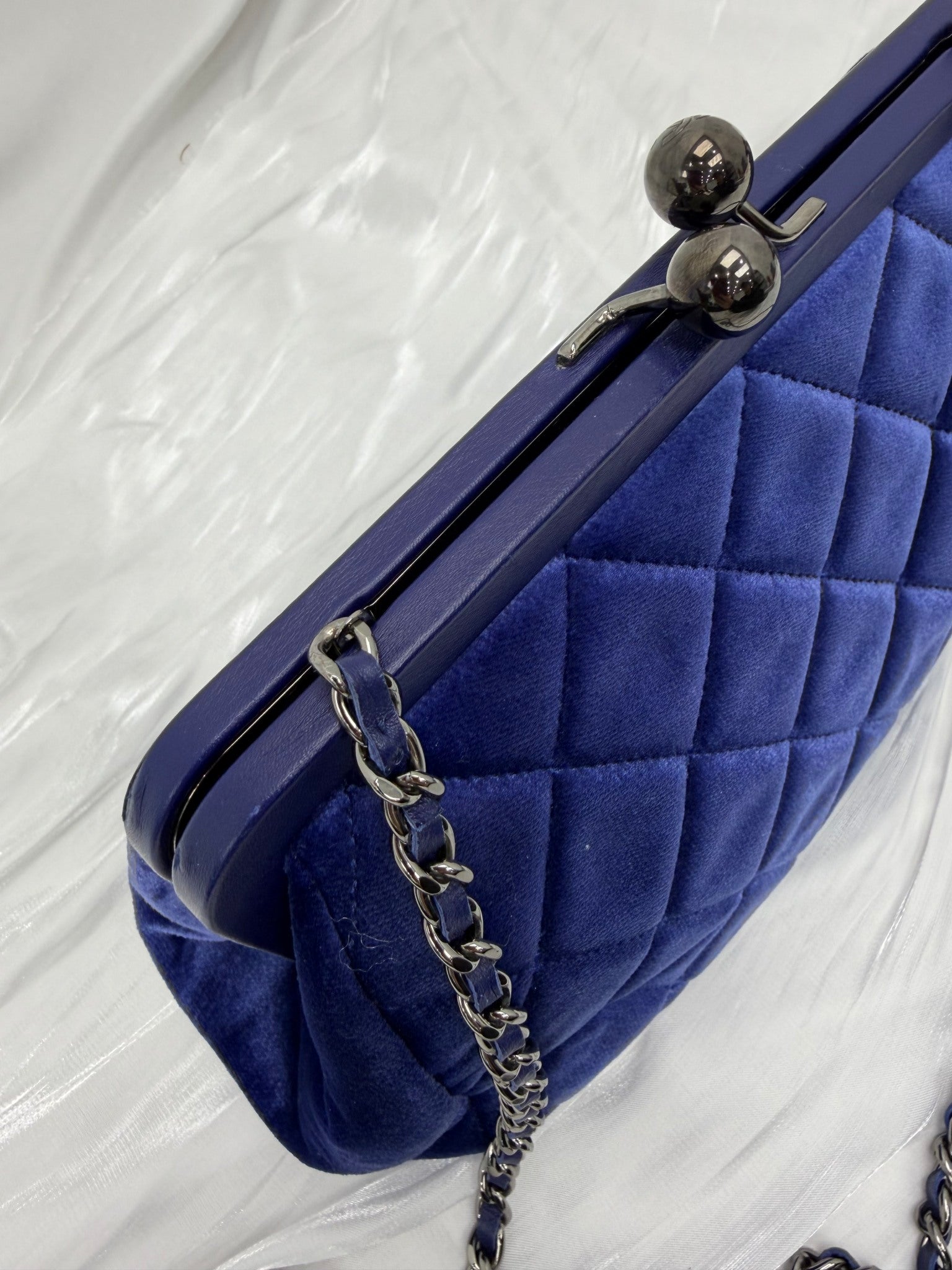 Chanel Blue Velvet Quilted Kiss Lock Clutch on a Chain