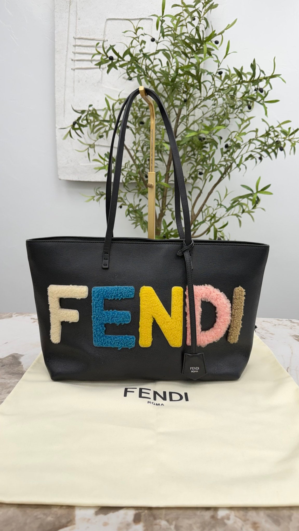 Fendi Black Leather Shearling Logo Roll Tote