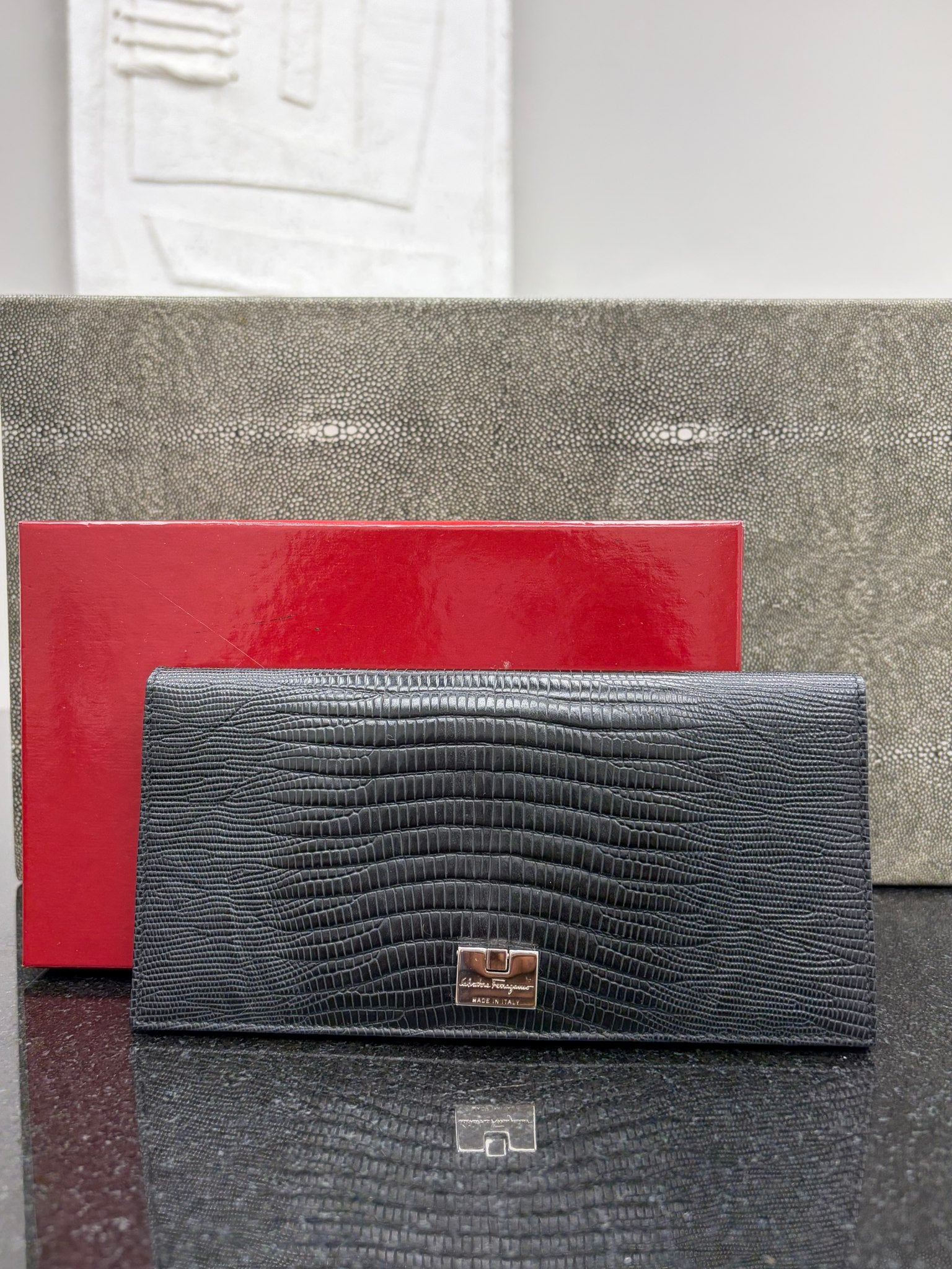 Salvatore Ferragamo Black Snake Skin Embossed Long Wallet 