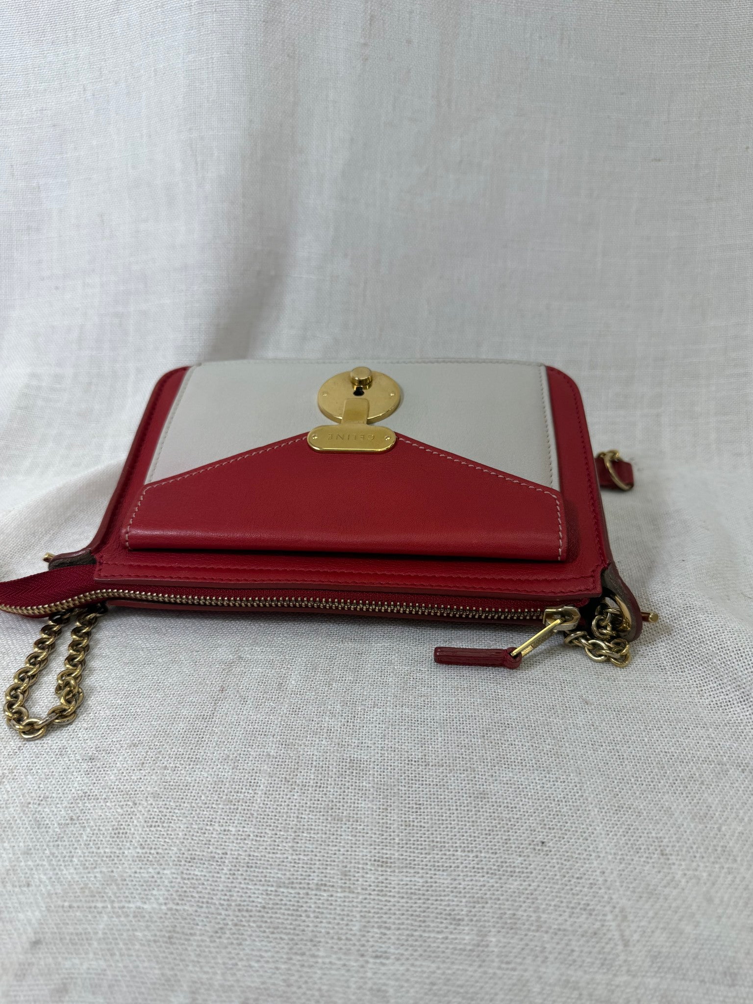 Celine Red And White Two Toned Leather Chain Shoulder Bag
