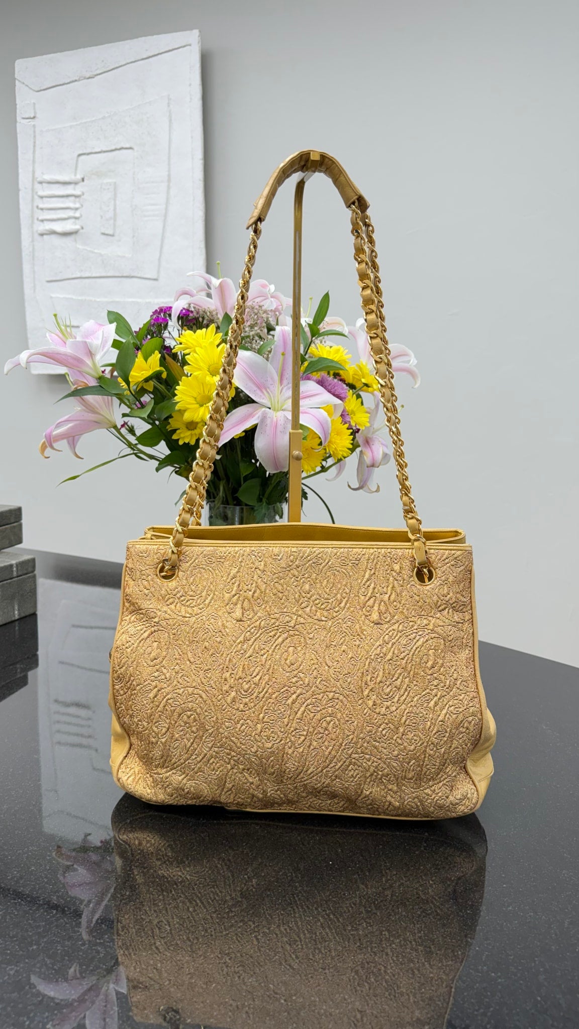 Chanel Vintage Metallic Gold Textile & Leather Brocade Chain Tote Bag 