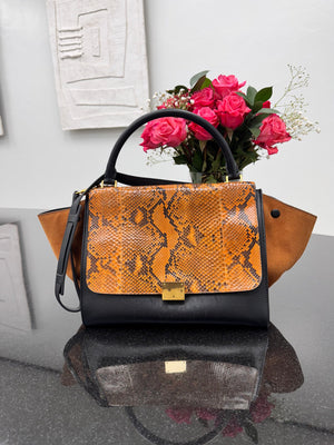 Celine Orange Snakeskin And Black Leather Medium Trapeze 2Way Bag