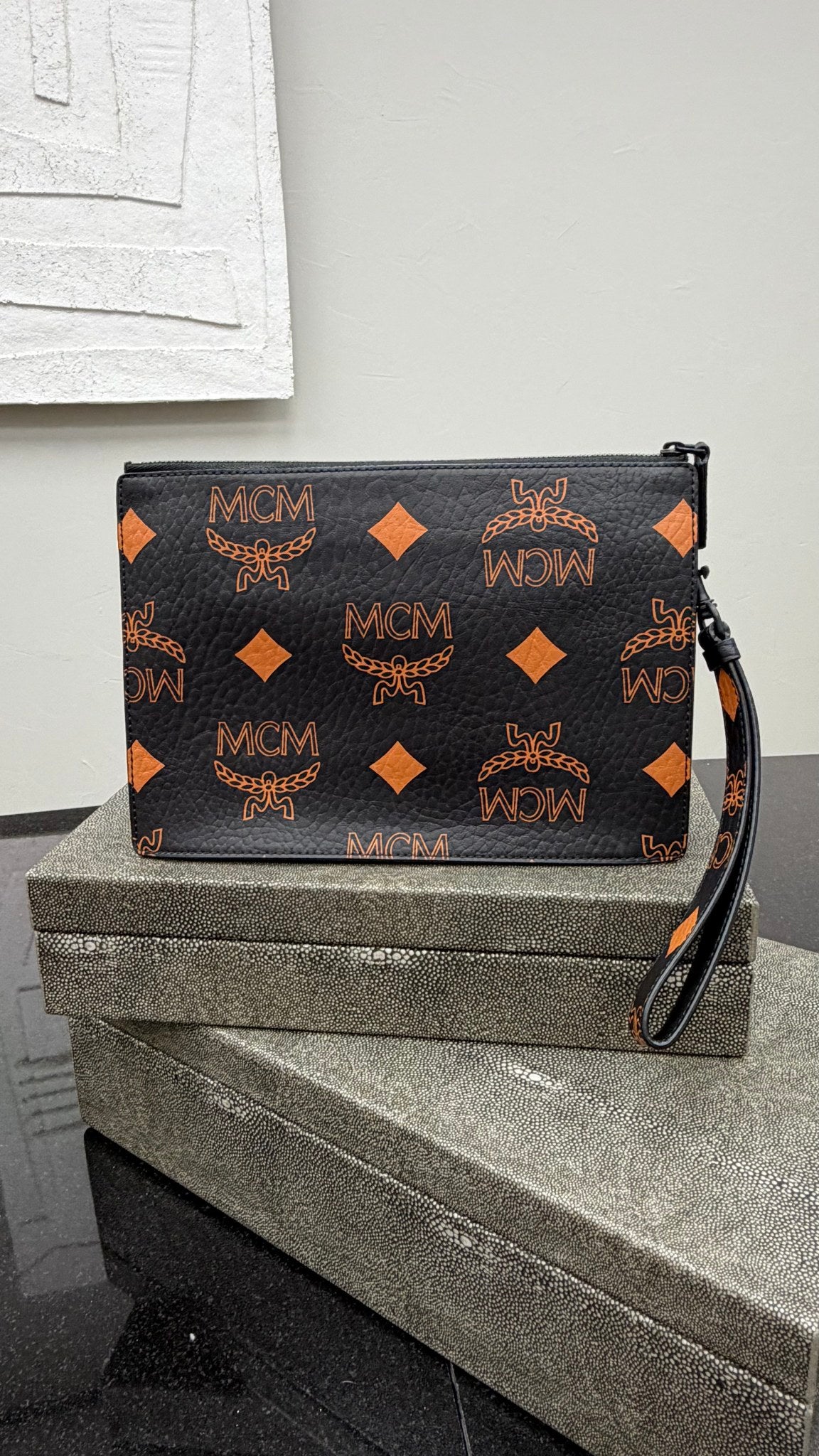 MCM Black & Orange Coated Canvas Pouch