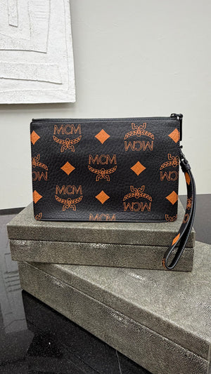 MCM Black & Orange Coated Canvas Pouch