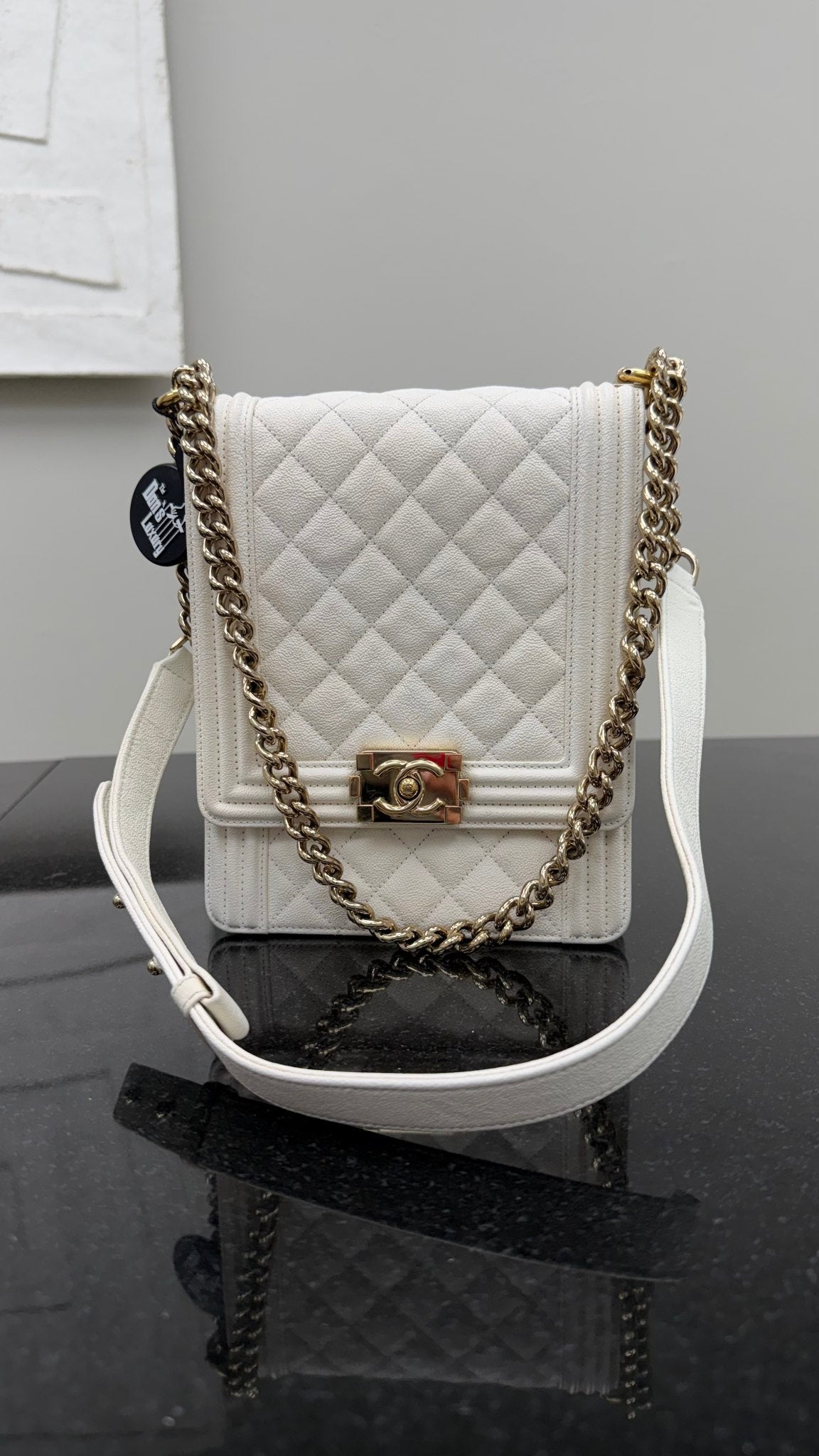 Chanel White Quilted Caviar North South Boy Flap Bag