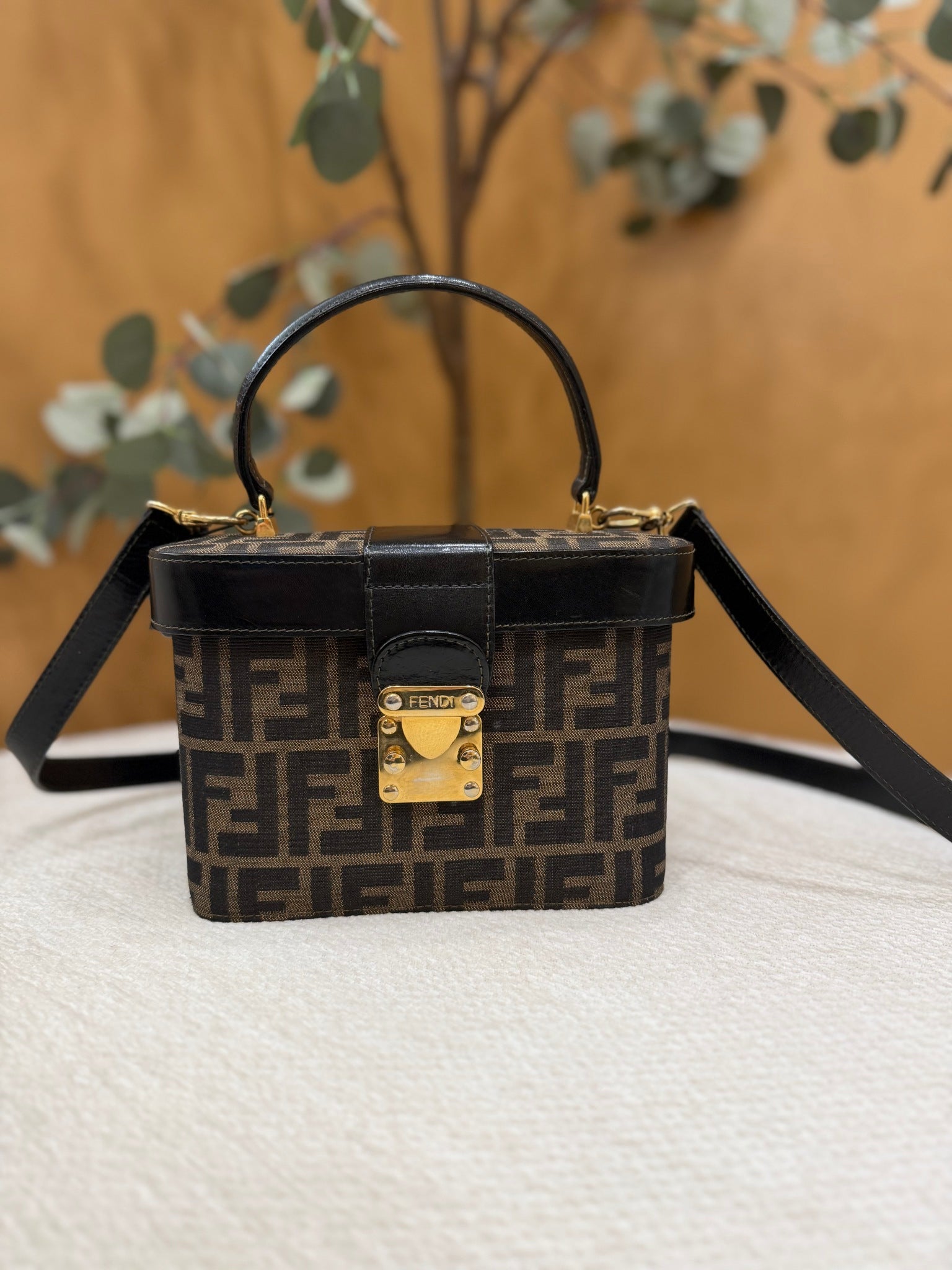 Fendi Brown Canvas Zucca Logo Vintage Two Way Vanity Bag