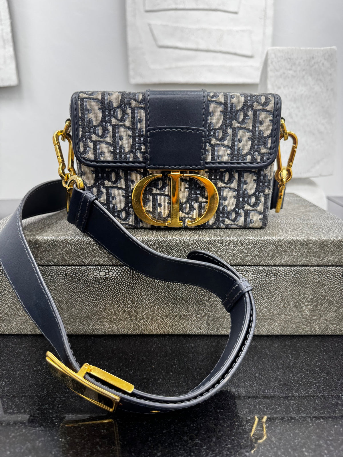 Christian Dior Navy Oblique Jacquard 30 Montaigne Box Crossbody Bag