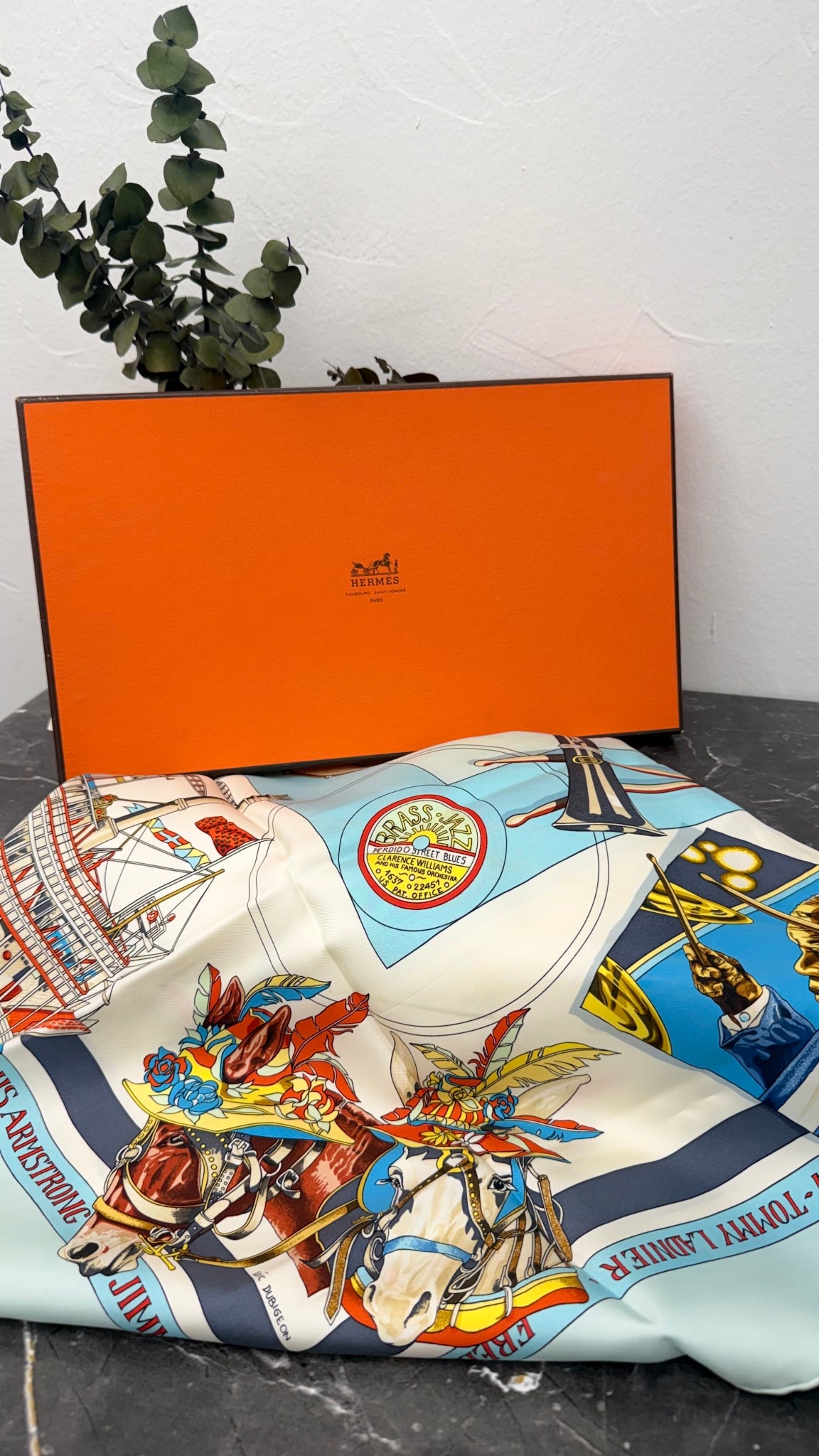 Hermes Blue Multicolor Silk New Orleans Creole Jazz Carre 90 Scarf 