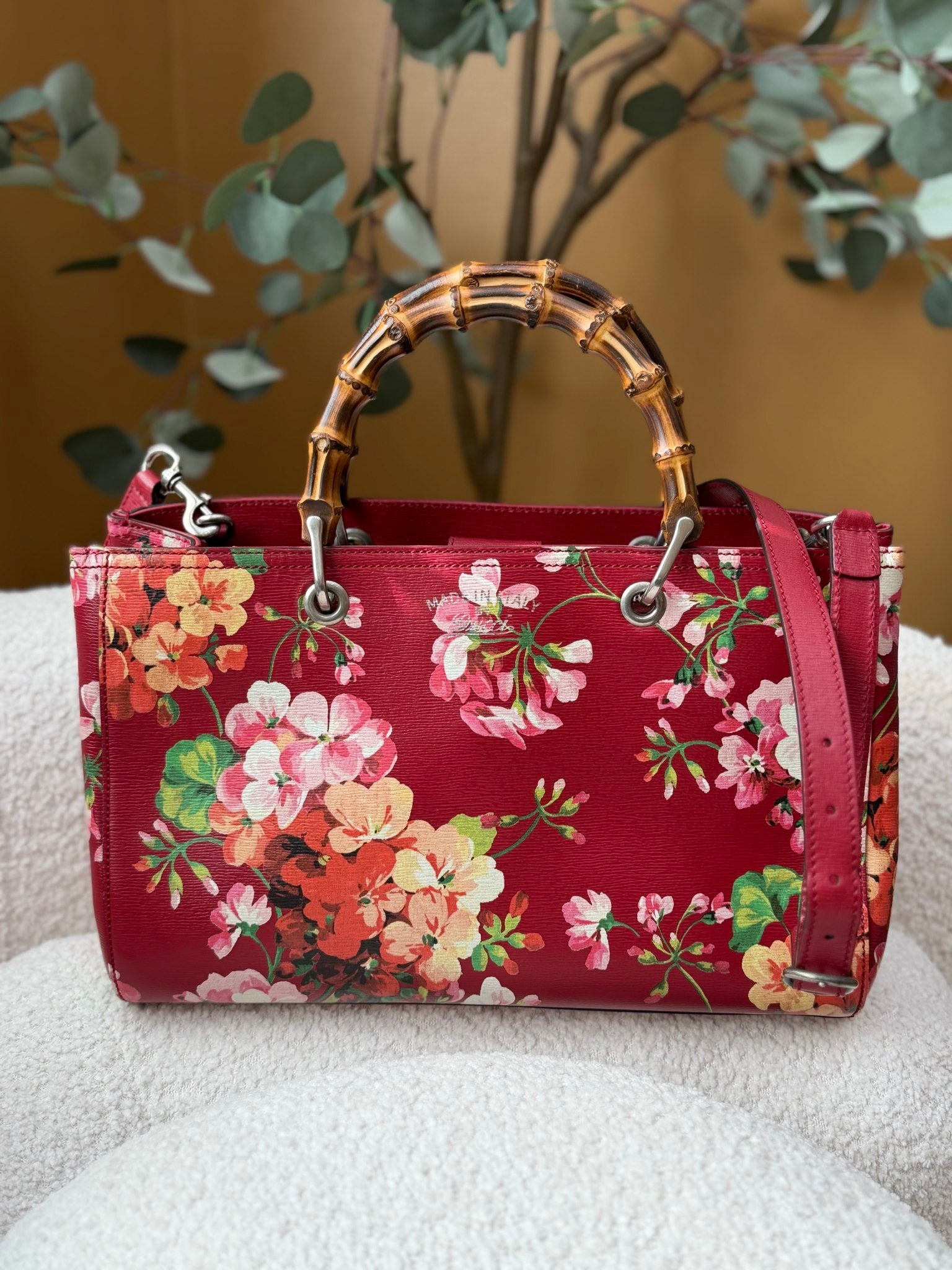 Gucci Red Blooms Bamboo Medium Top Handle 