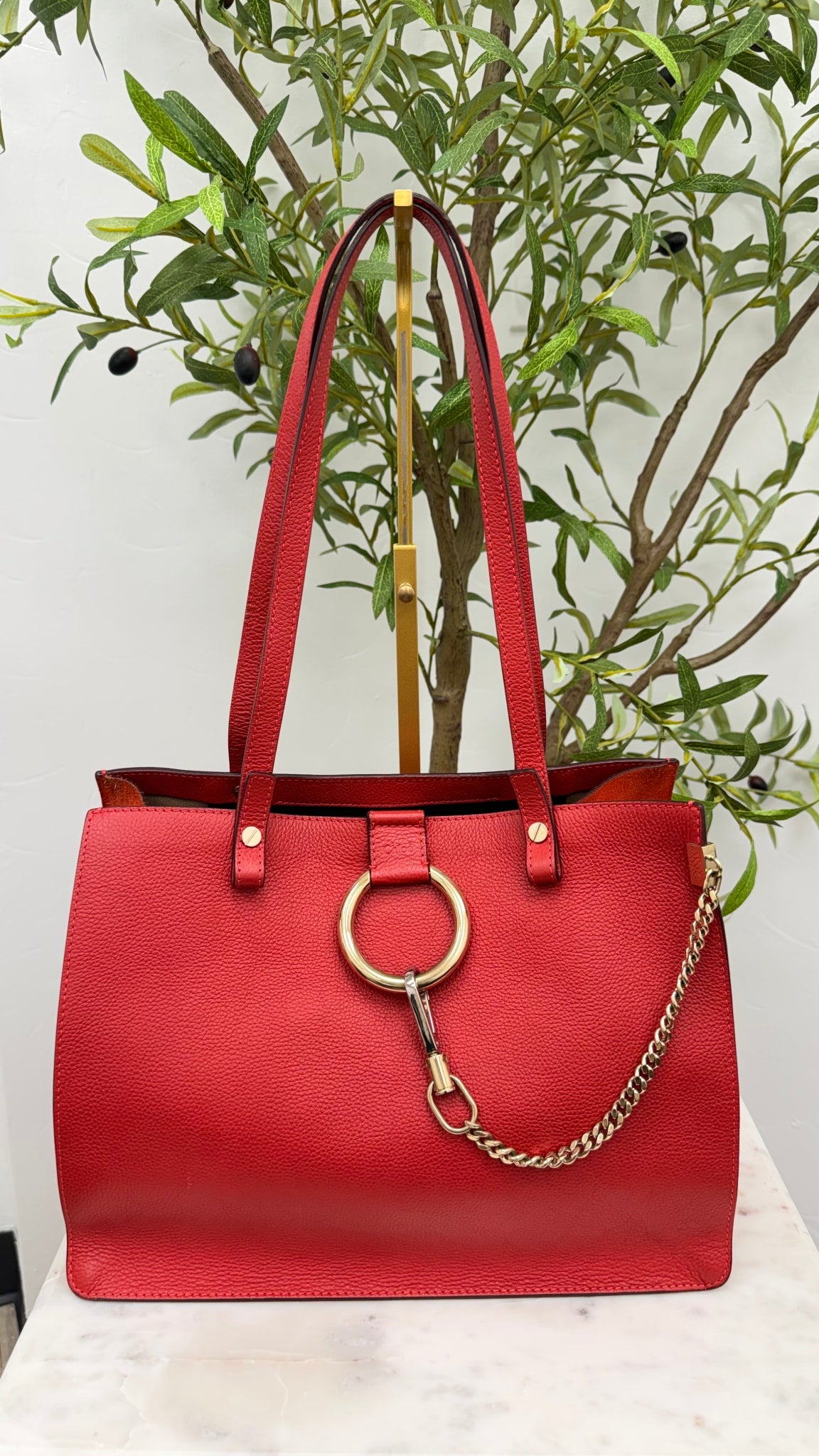Chloe Red Grained Leather Faye Tote Bag