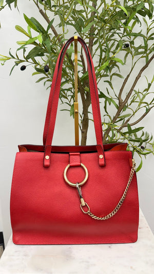 Chloe Red Grained Leather Faye Tote Bag