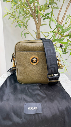LIKE NEW - Versace Olive Green Pebbled Leather Medusa Messenger Bag