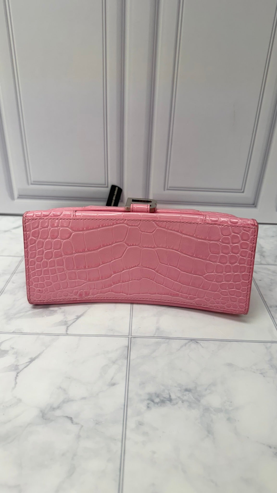 Balenciaga Pink Croc Embossed Leather Hourglass Top Handle Bag 