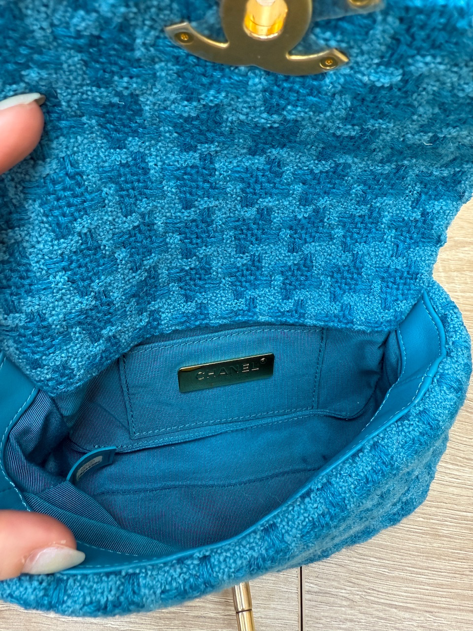 LIKE NEW- Chanel Teal Quilted Tweed Chanel 19 Waist Bag