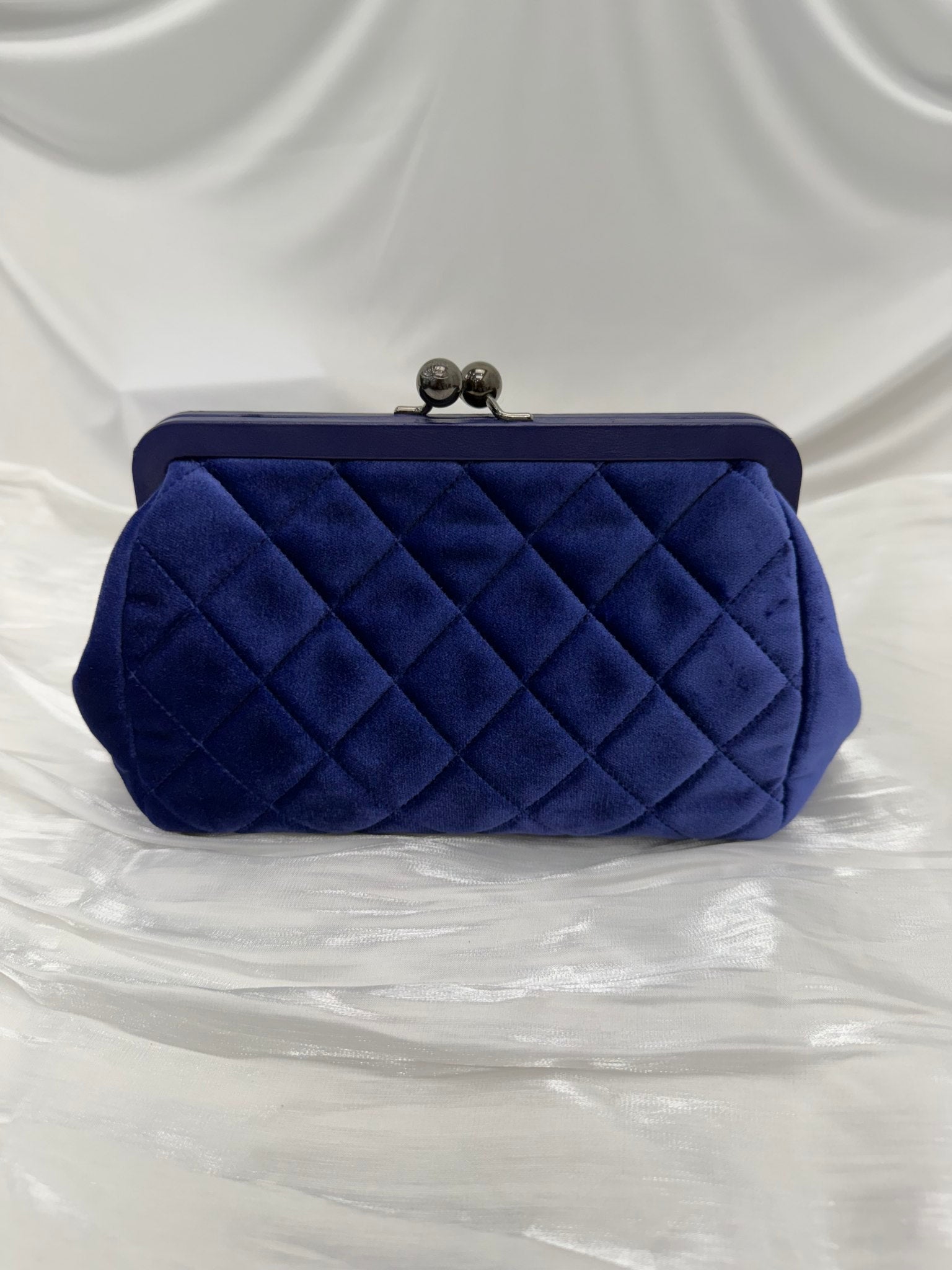 Chanel Blue Velvet Quilted Kiss Lock Clutch on a Chain