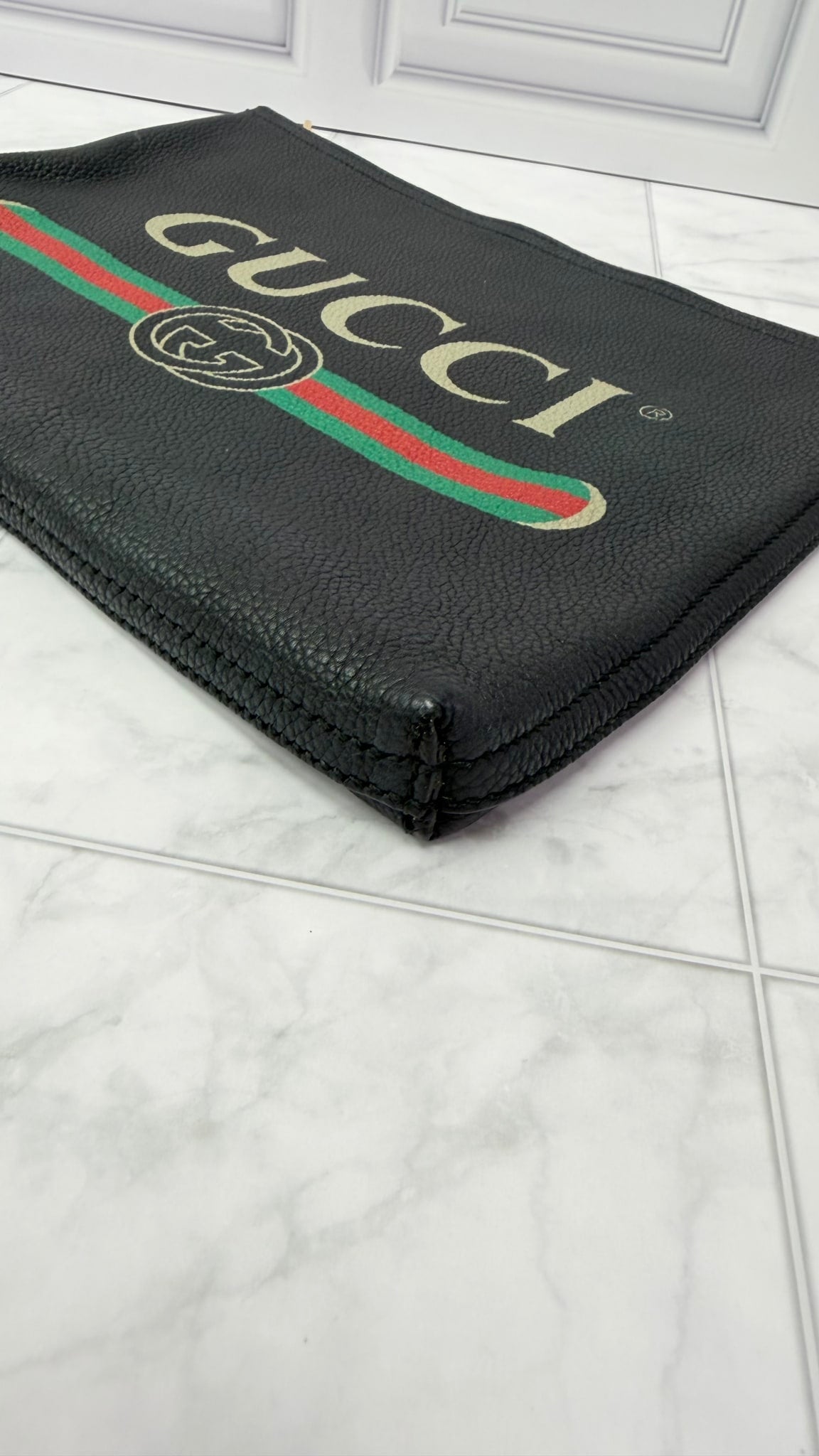 Gucci Black Leather Logo Print Zipper Clutch