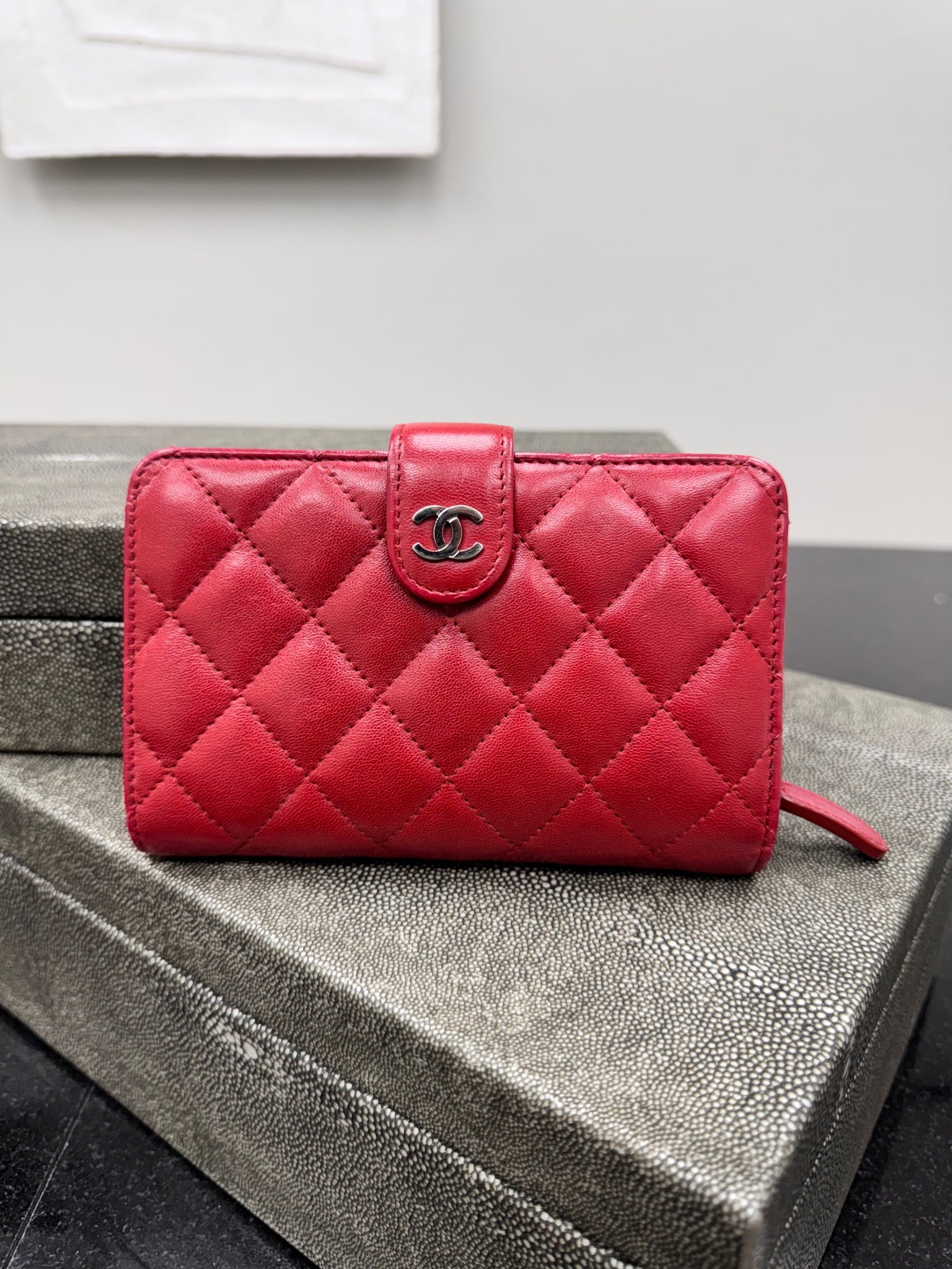 Chanel Red Quilted Lambskin Leather Compact French Wallet