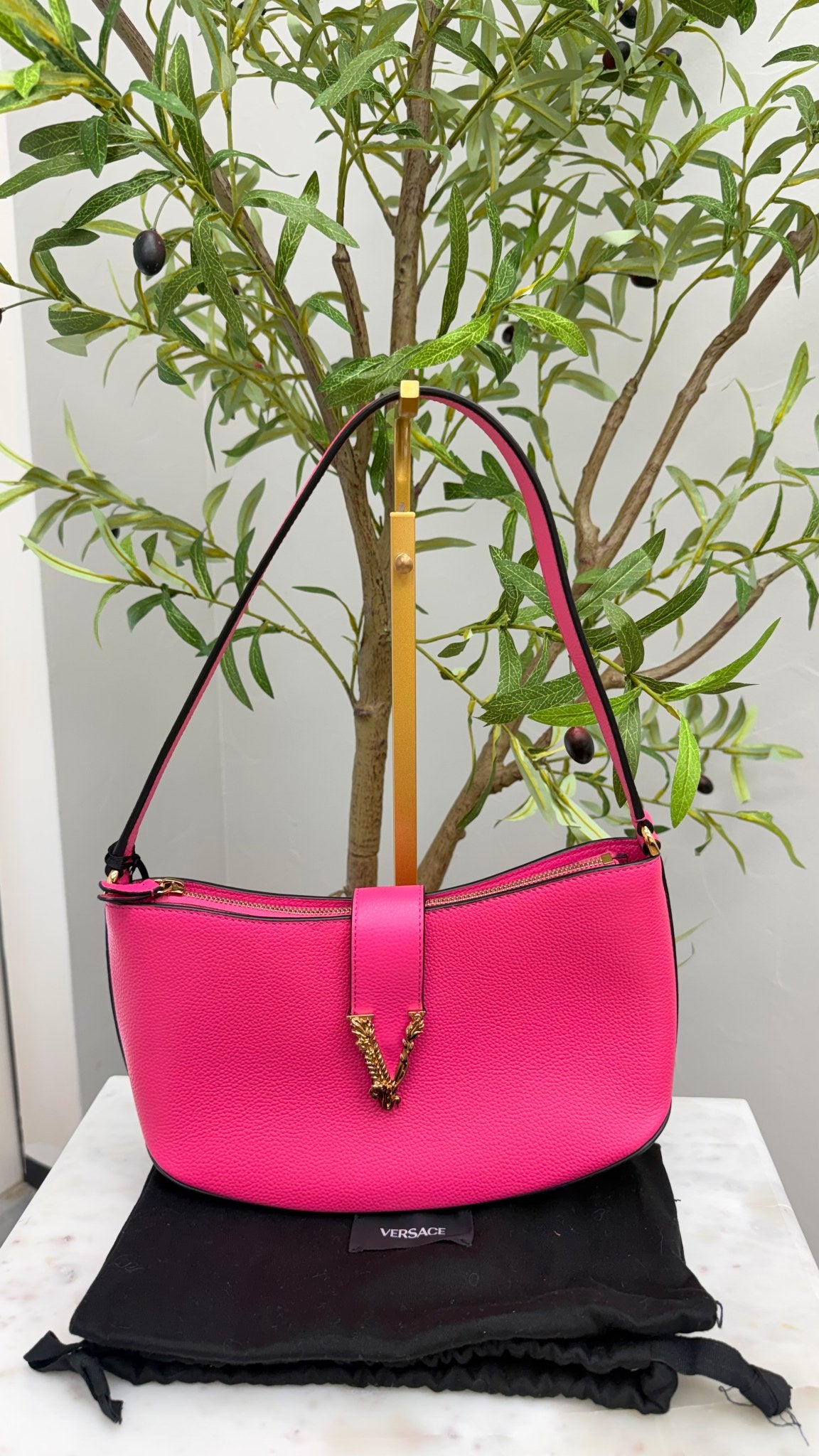 Versace Hot Pink Grained Leather Shoulder Bag 