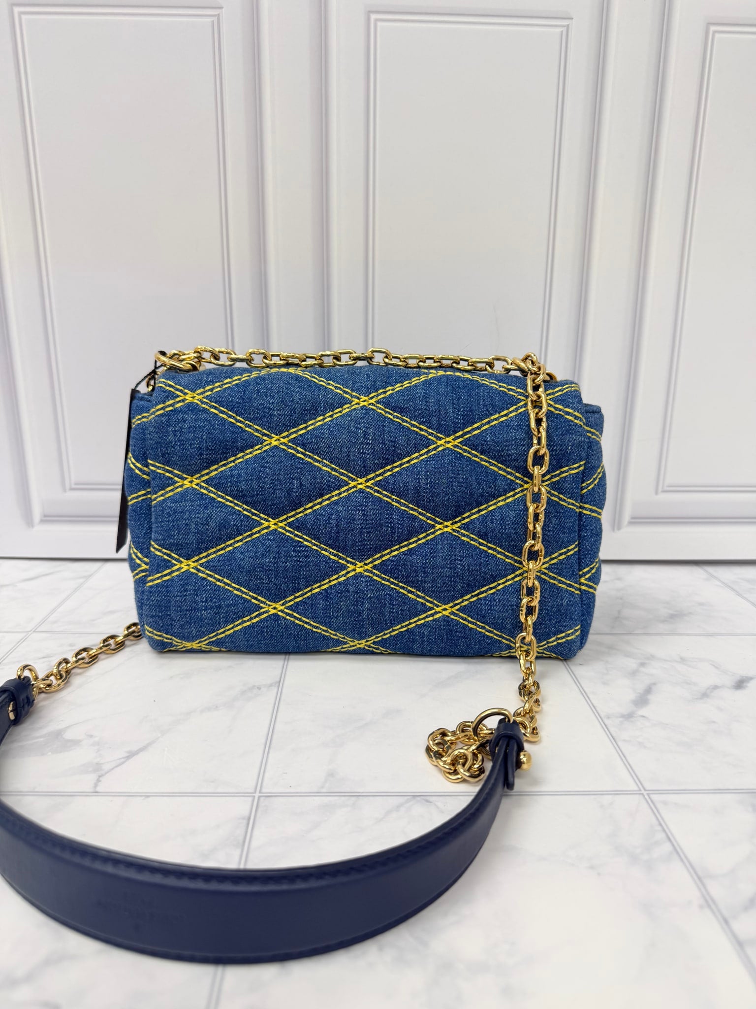 Louis Vuitton Blue Denim Yellow Stitching GO-14 PM Malletage Chain Shoulder Bag 