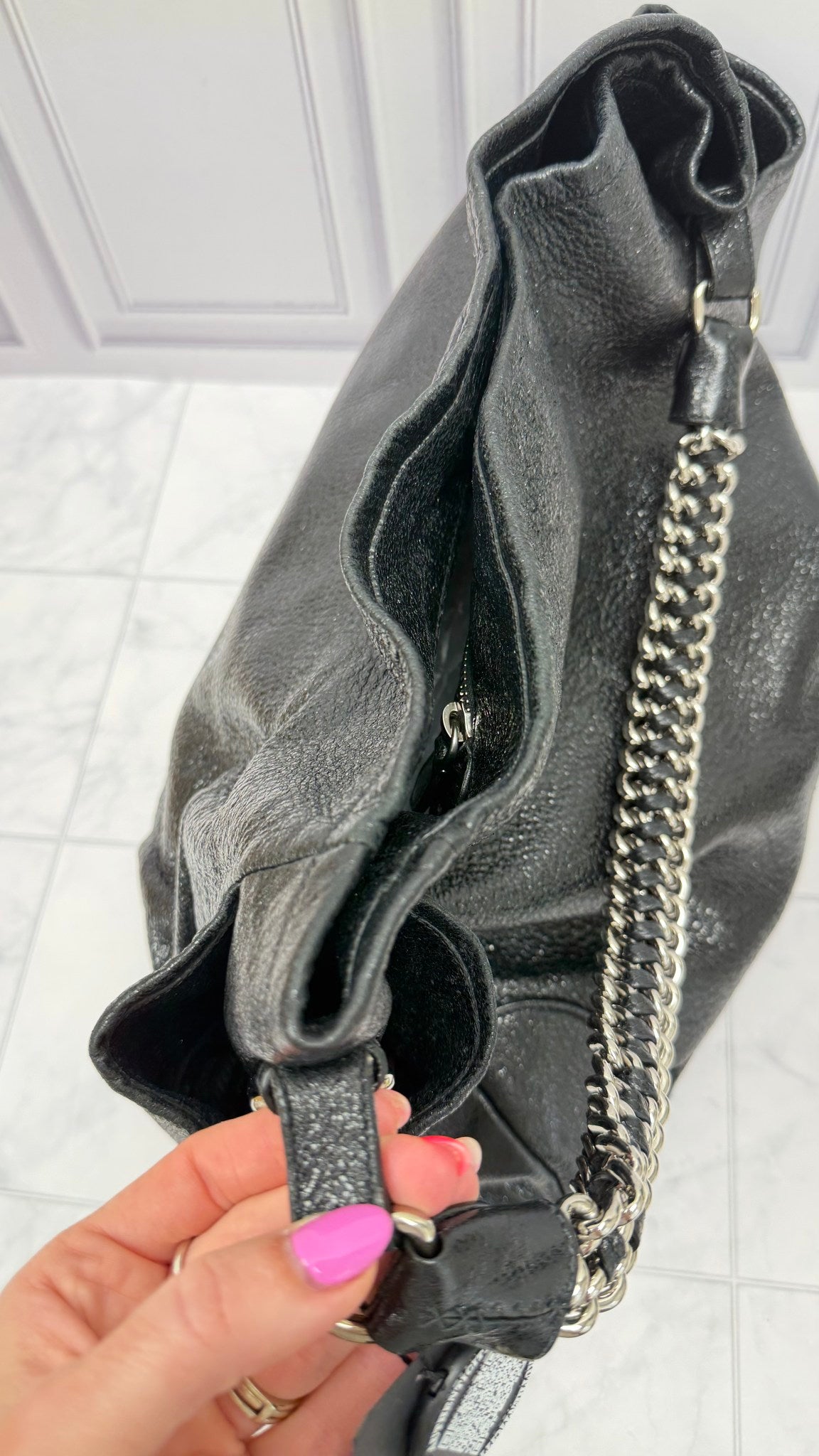 Prada Black Glazed Crinkle Leather Hobo Chain Shoulder Bag