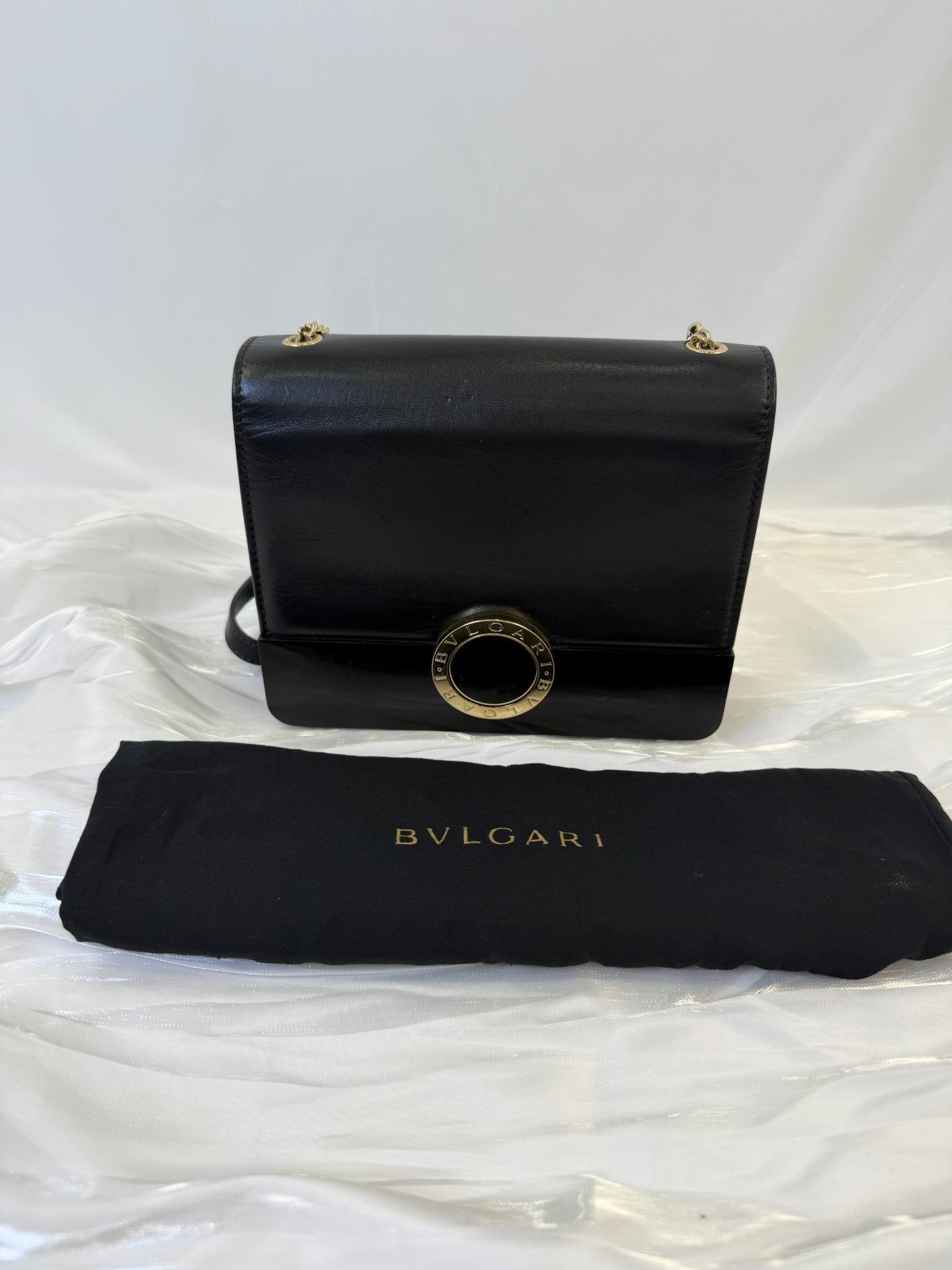Bvlgari Black Leather Flap Cover Crossbody Bag