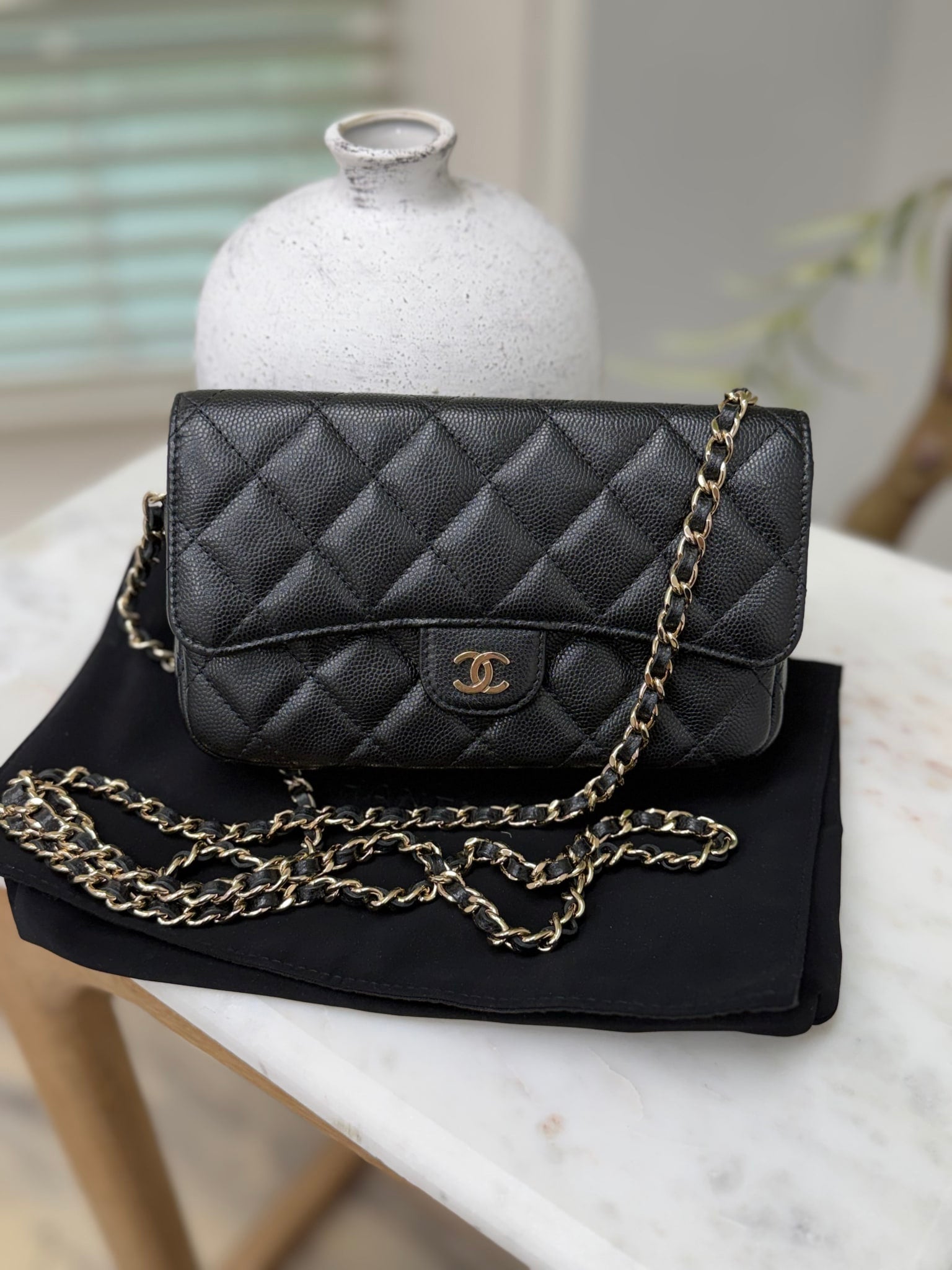 Chanel Black Quilted Caviar Timeless Wallet on a Chain 