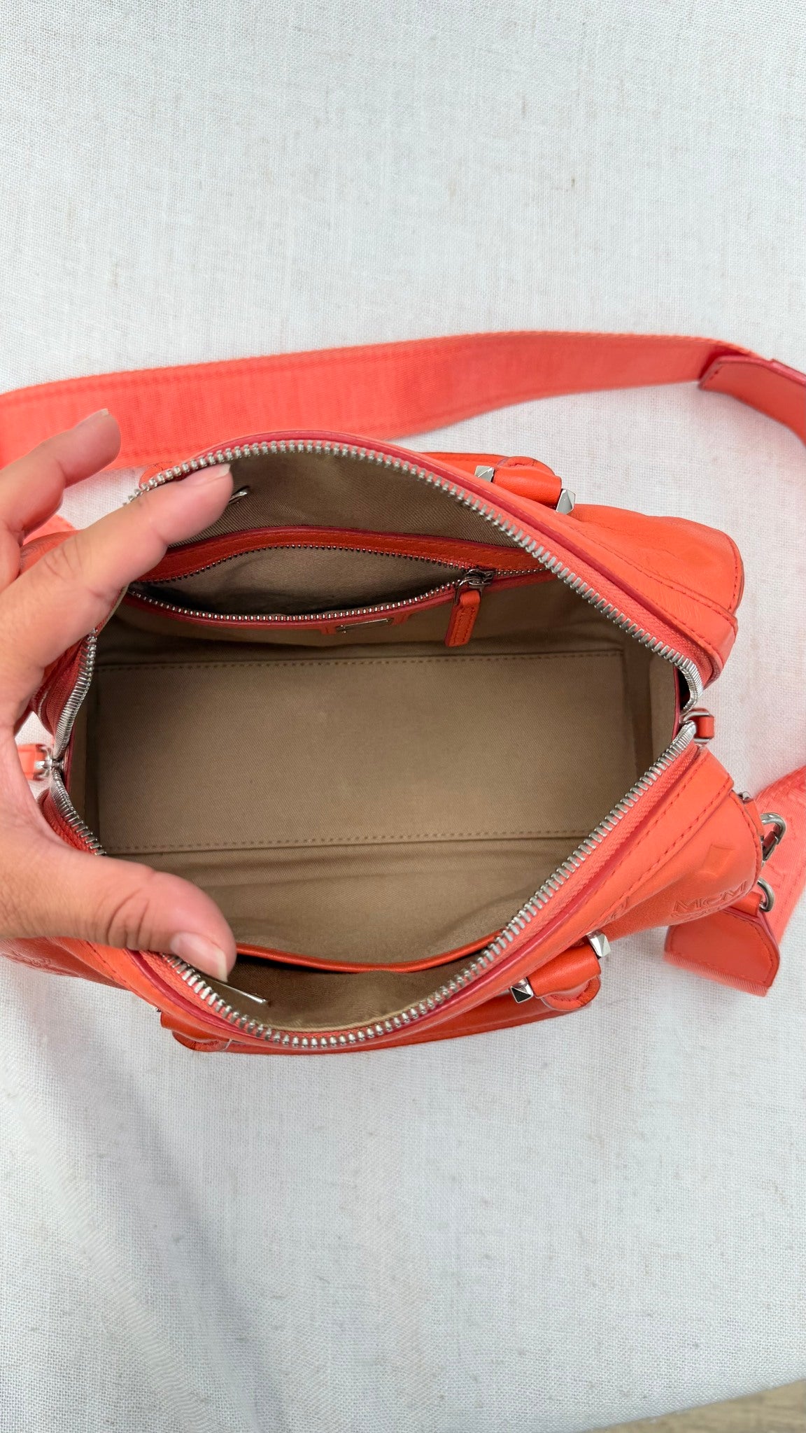 MCM Coral Visetos Leather Boston Bag