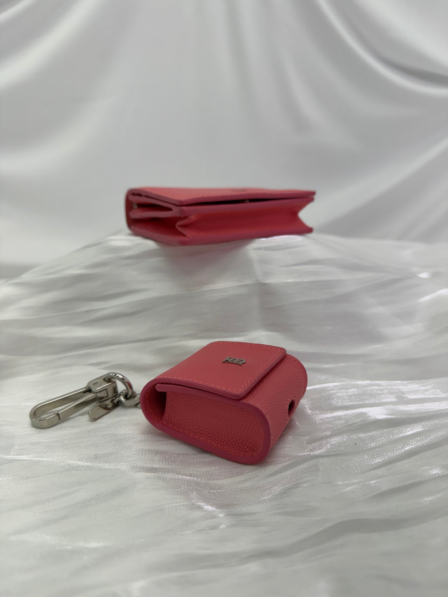 Burberry Pink Pebbled Leather Compact Wallet on a Chain & Airpod Case 