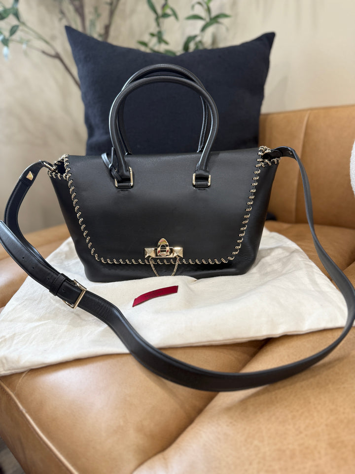 Valentino Black Leather Medium Demilune Flap Satchel 2way Bag