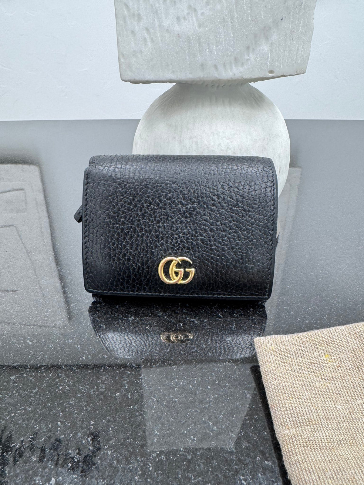 Gucci Black Grained Leather GG Marmont Compact Wallet